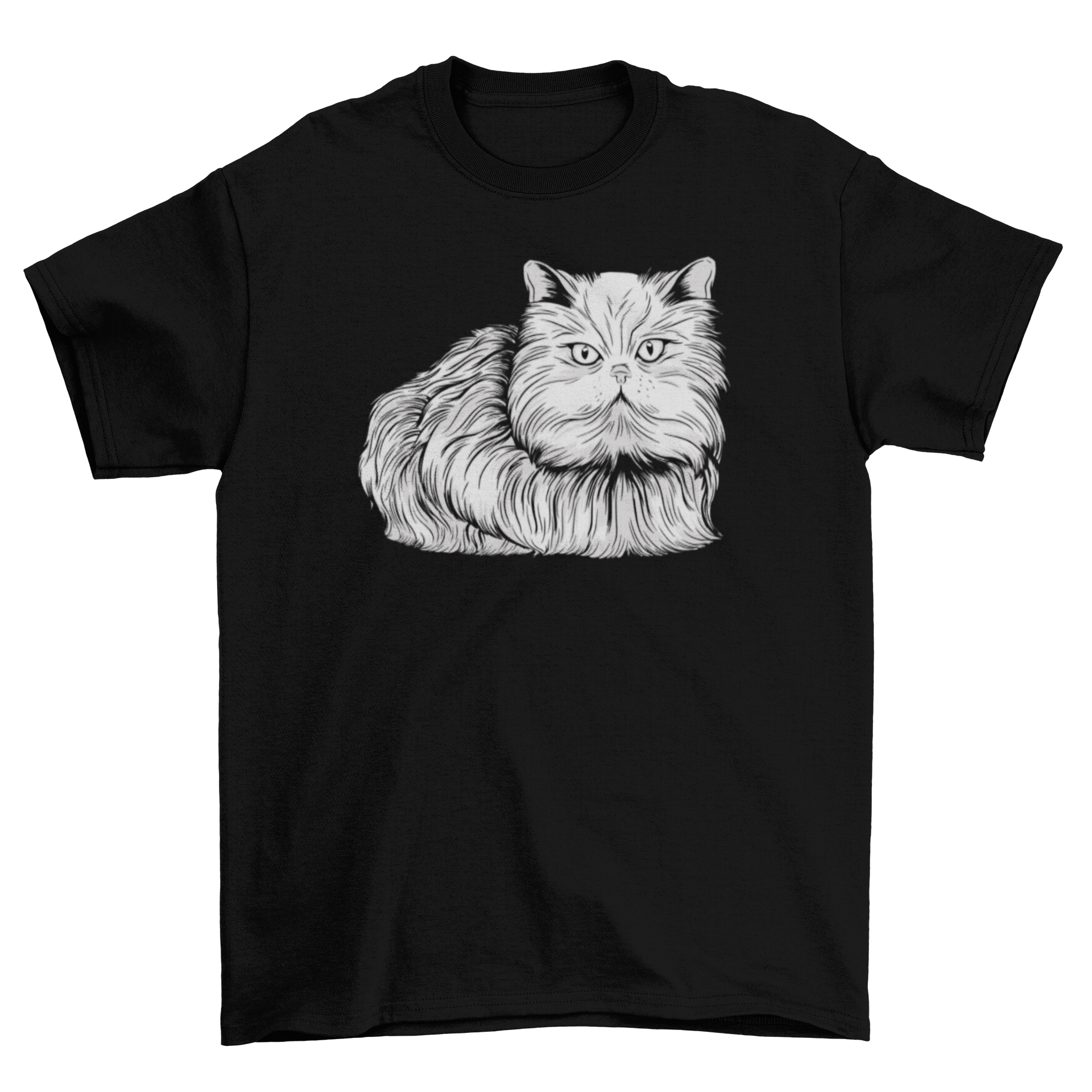 A stylish t-shirt featuring a fluffy white Persian cat design, perfect for cat lovers.