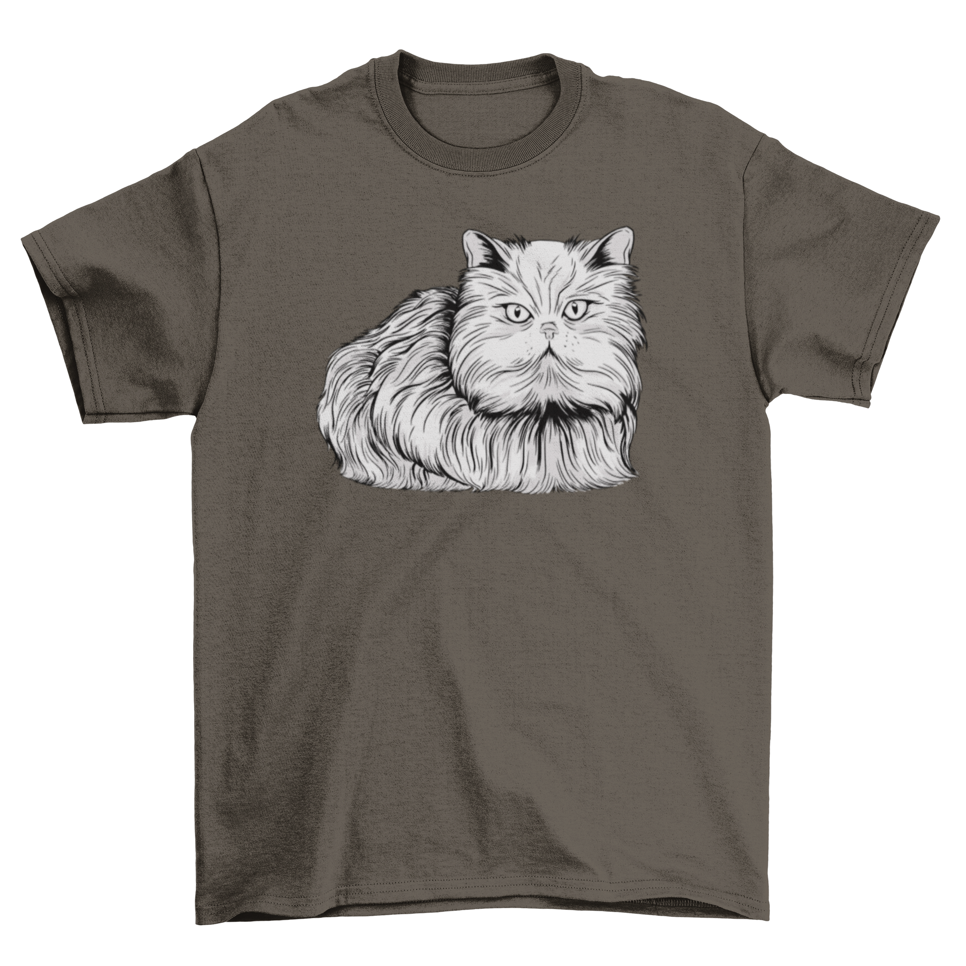 A stylish t-shirt featuring a fluffy white Persian cat design, perfect for cat lovers.