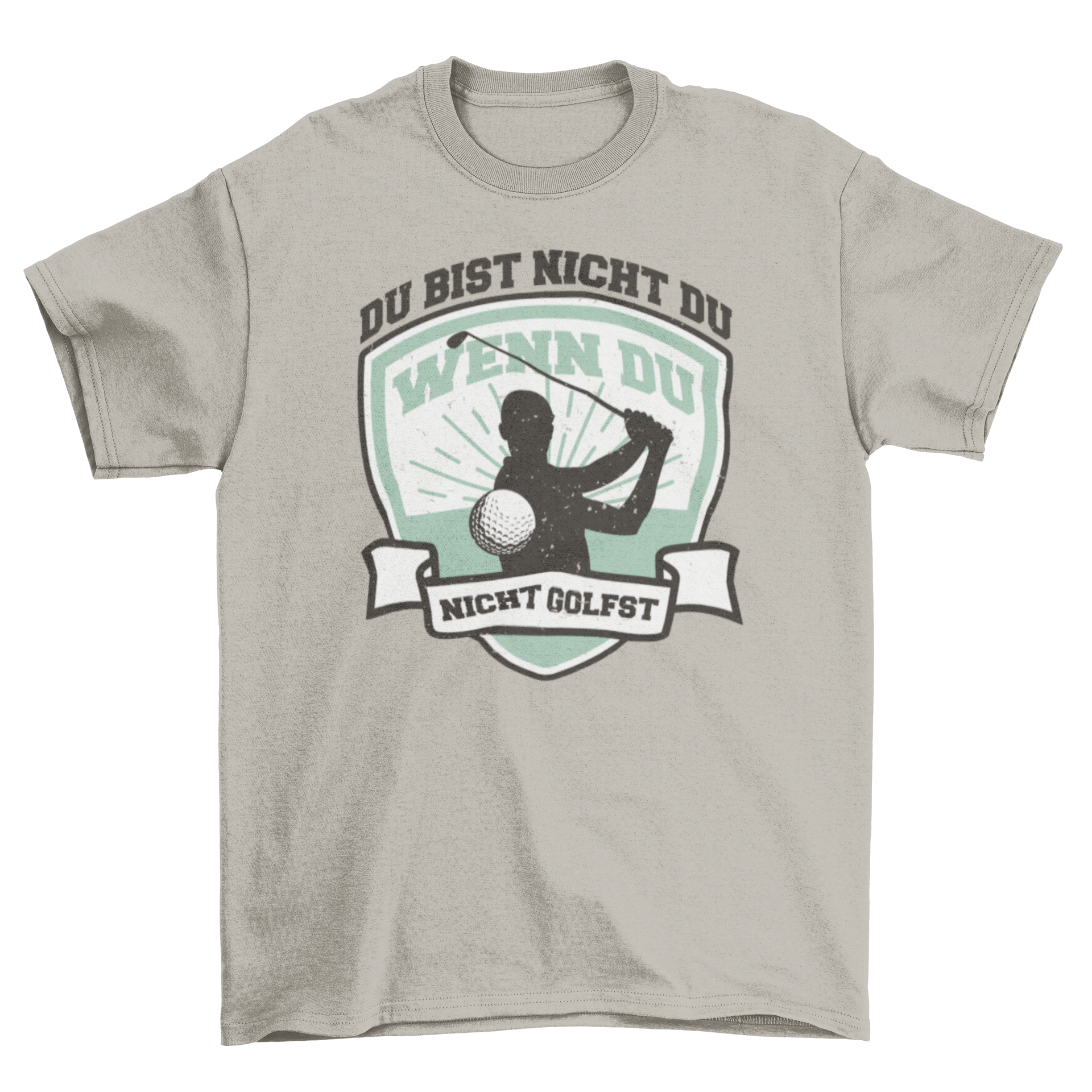 A stylish t-shirt featuring a silhouette of a golfer and a German quote about golf.