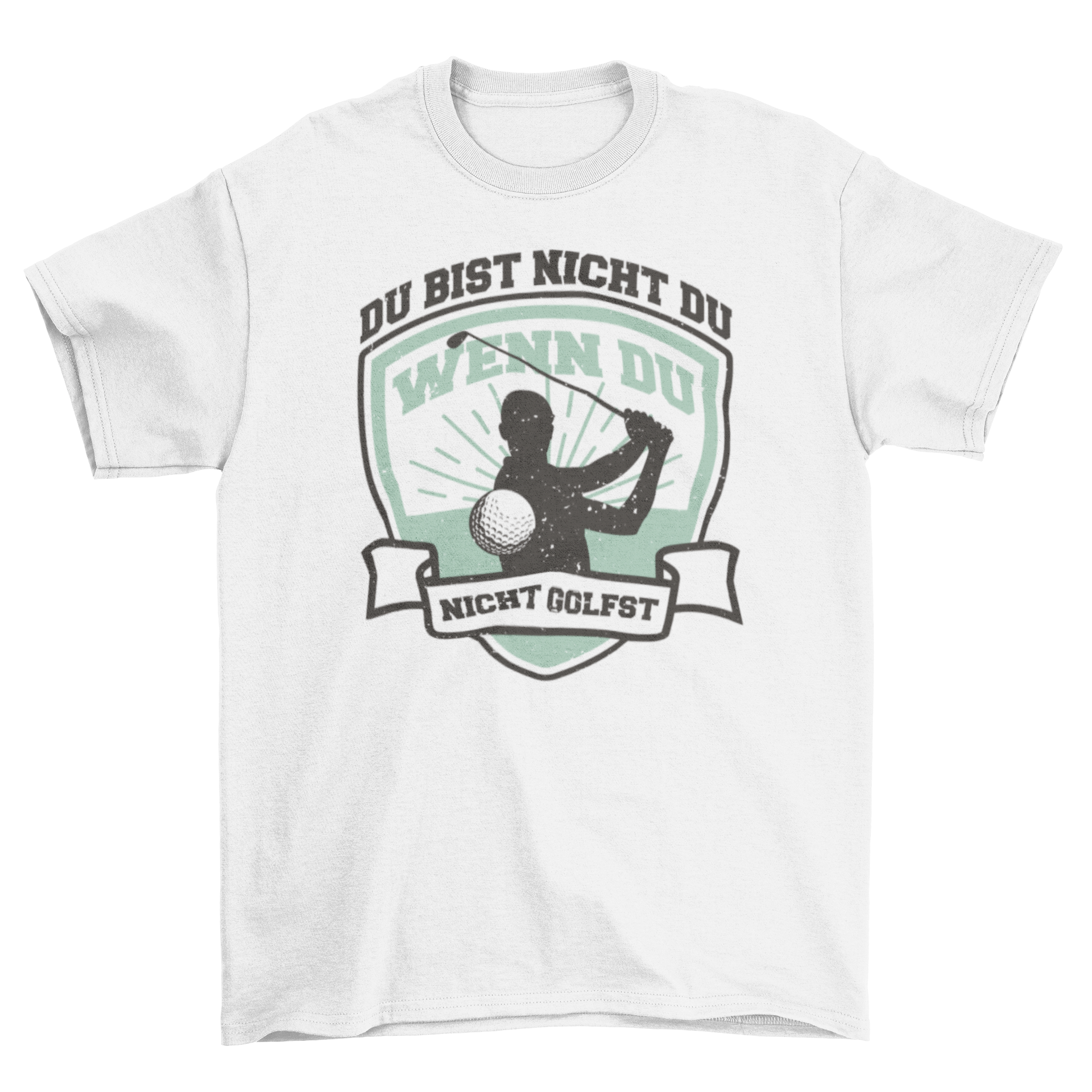 A stylish t-shirt featuring a silhouette of a golfer and a German quote about golf.