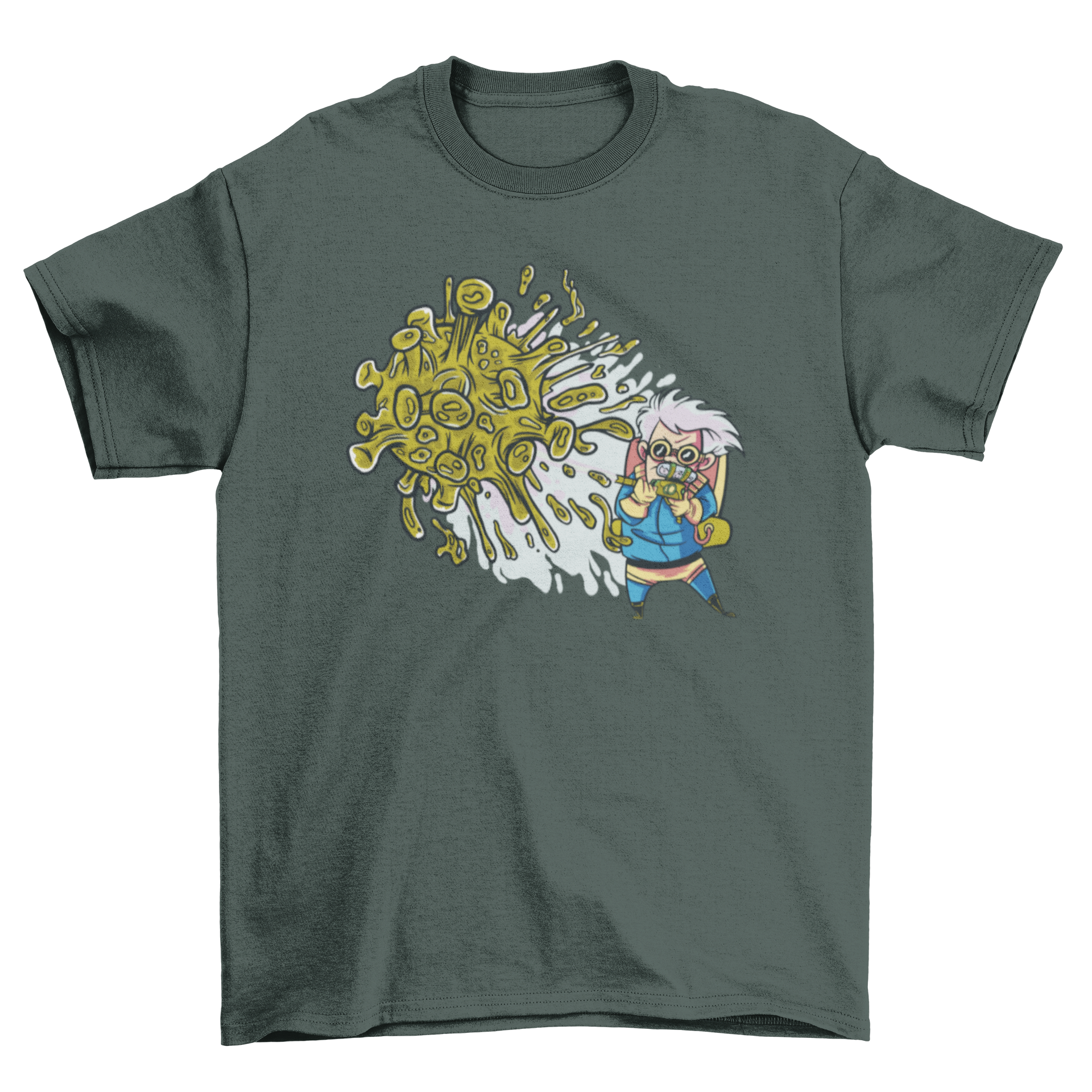 A creative t-shirt design featuring a person shooting at the COVID-19 virus, showcasing a humorous take on the pandemic.