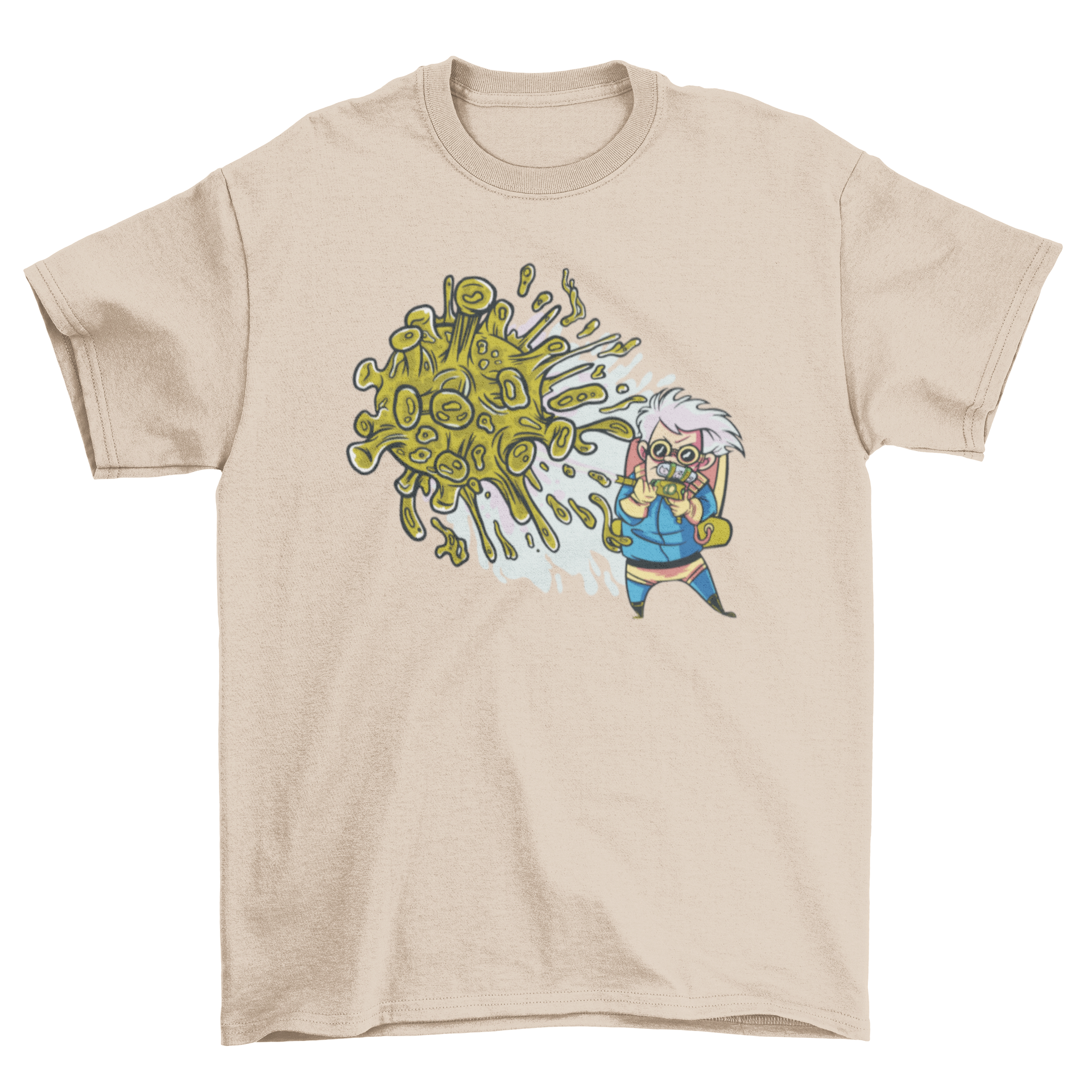 A creative t-shirt design featuring a person shooting at the COVID-19 virus, showcasing a humorous take on the pandemic.