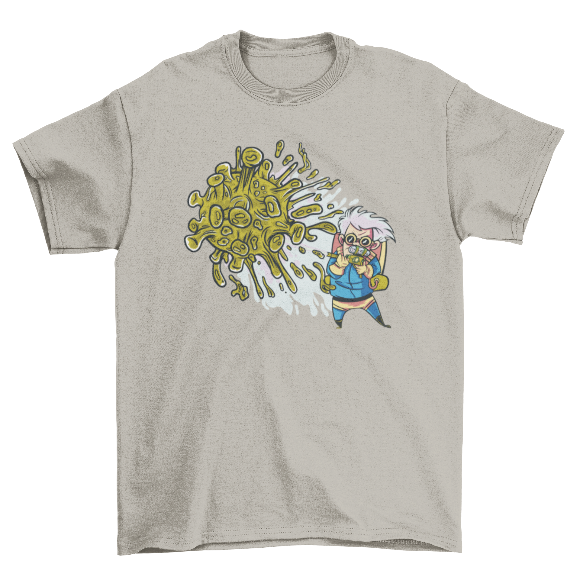 A creative t-shirt design featuring a person shooting at the COVID-19 virus, showcasing a humorous take on the pandemic.