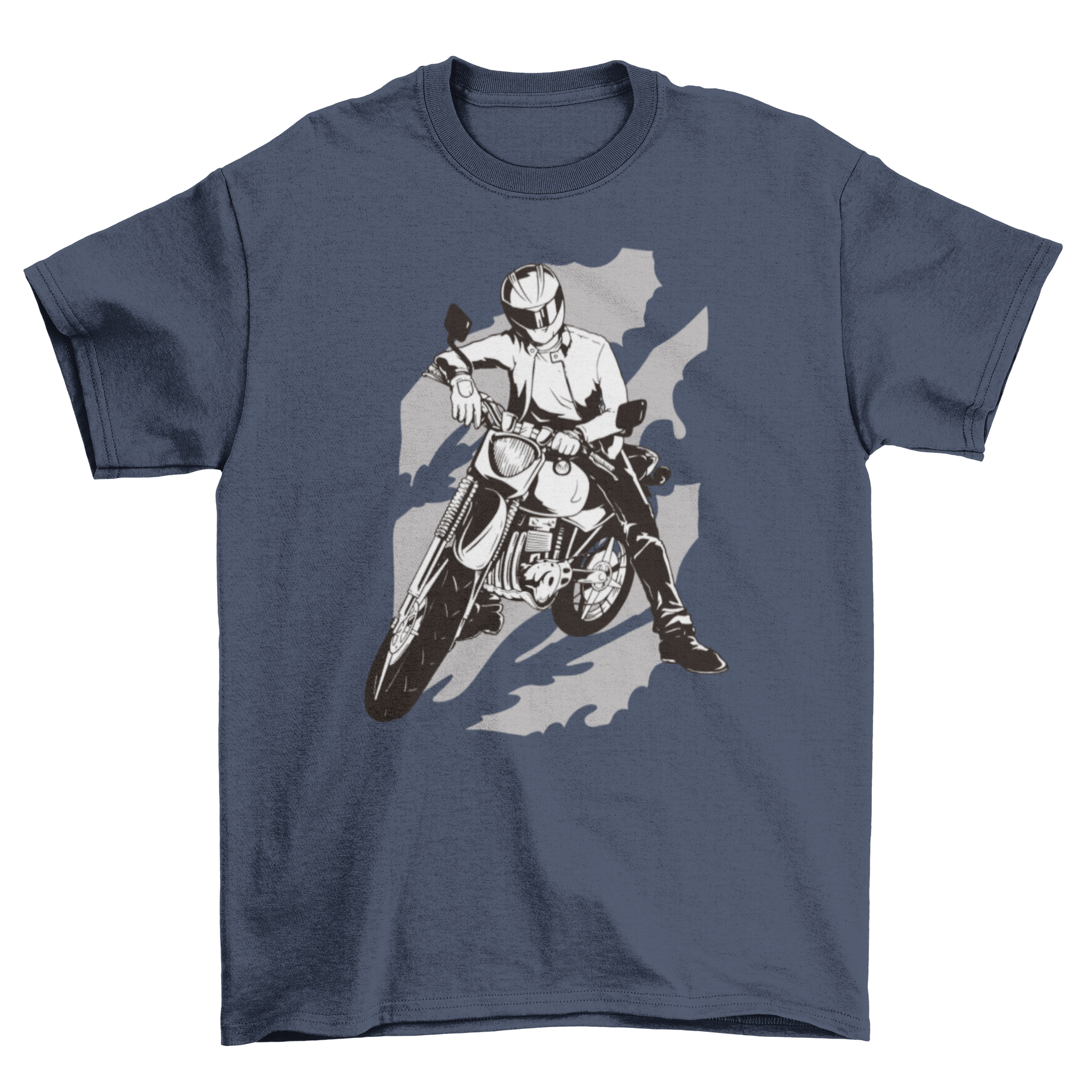 A stylish t-shirt featuring a graphic of a person wearing a helmet and riding a motorcycle, perfect for motorcycle enthusiasts.