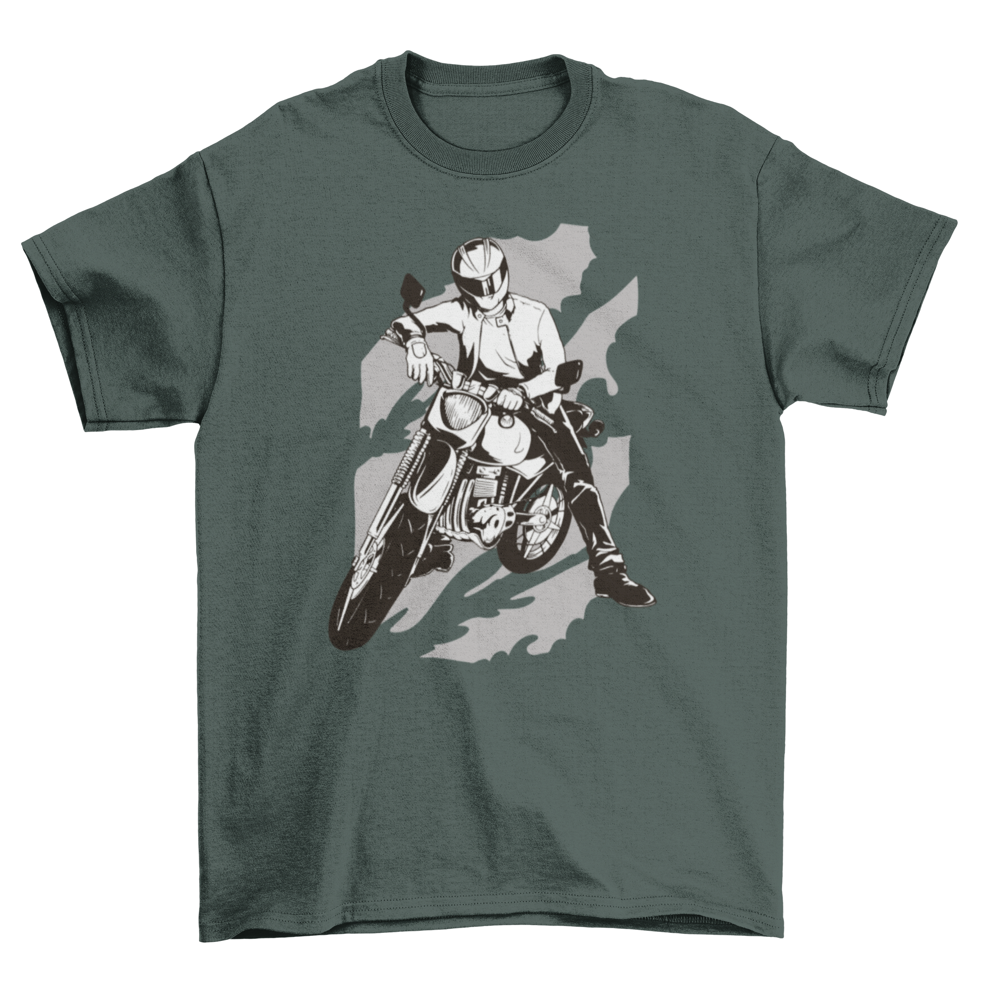 A stylish t-shirt featuring a graphic of a person wearing a helmet and riding a motorcycle, perfect for motorcycle enthusiasts.