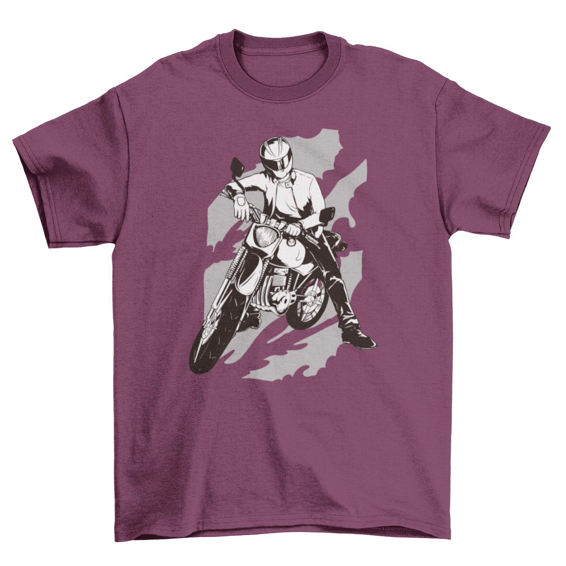 A stylish t-shirt featuring a graphic of a person wearing a helmet and riding a motorcycle, perfect for motorcycle enthusiasts.