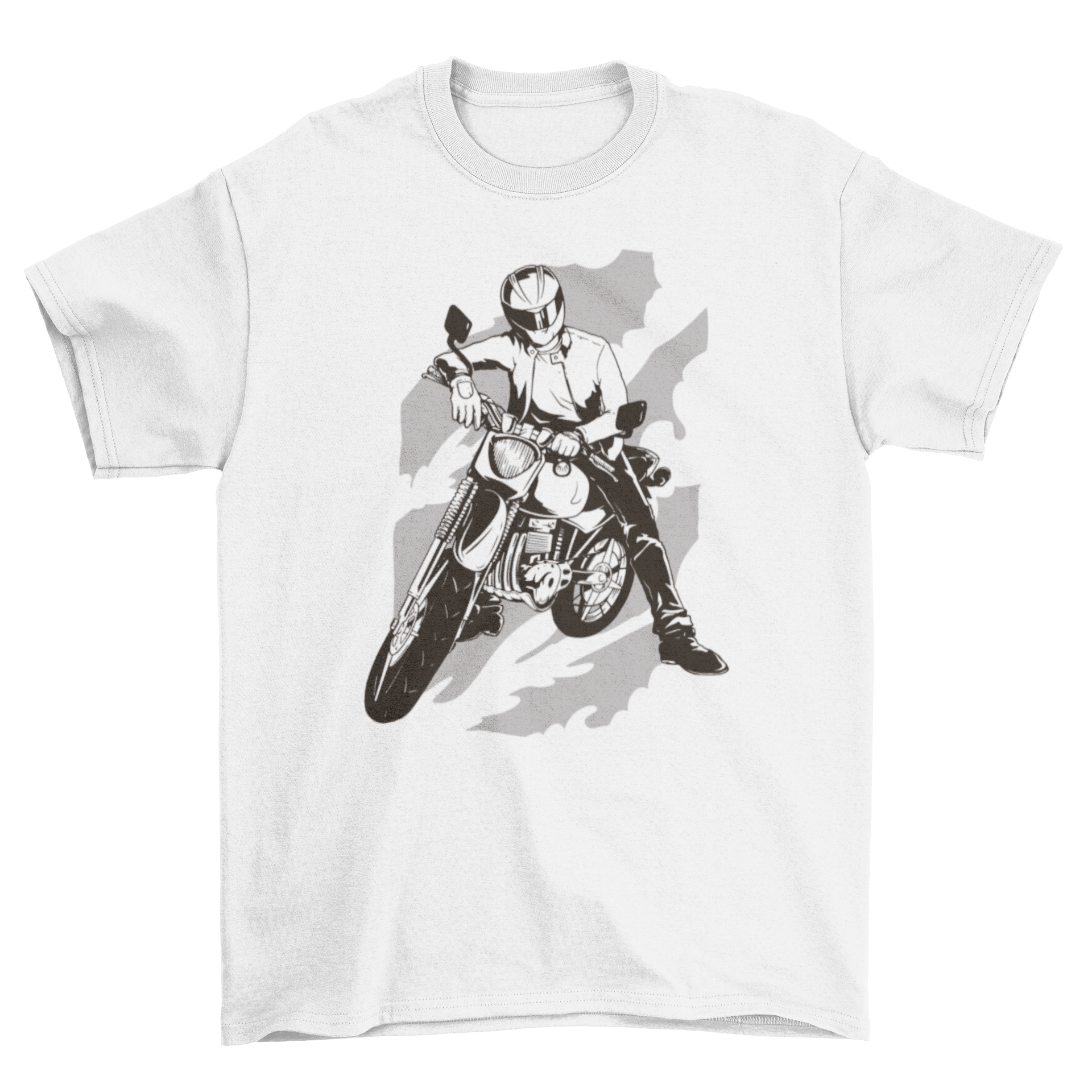 A stylish t-shirt featuring a graphic of a person wearing a helmet and riding a motorcycle, perfect for motorcycle enthusiasts.