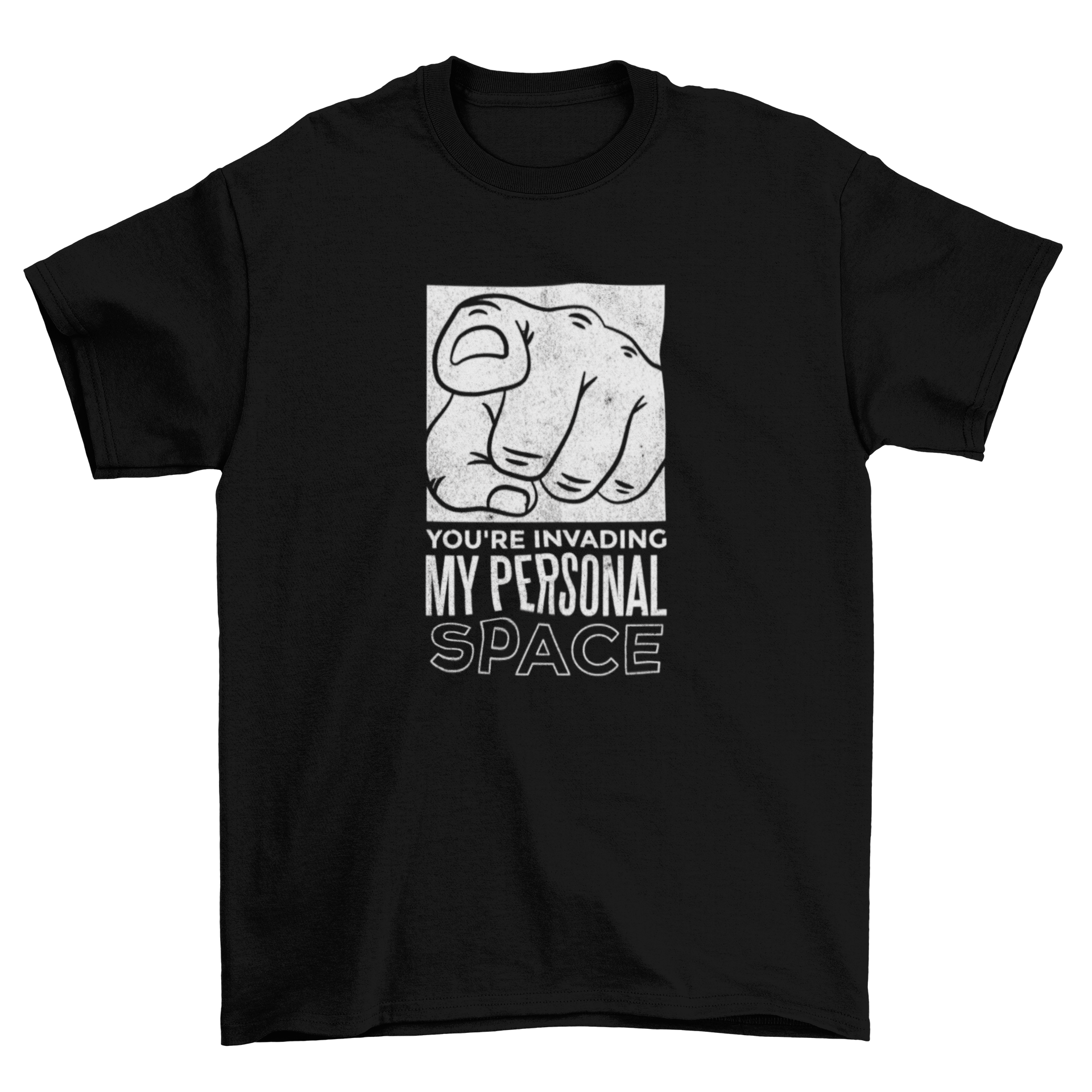 Personal Space T-shirt featuring a hand illustration and humorous caption.