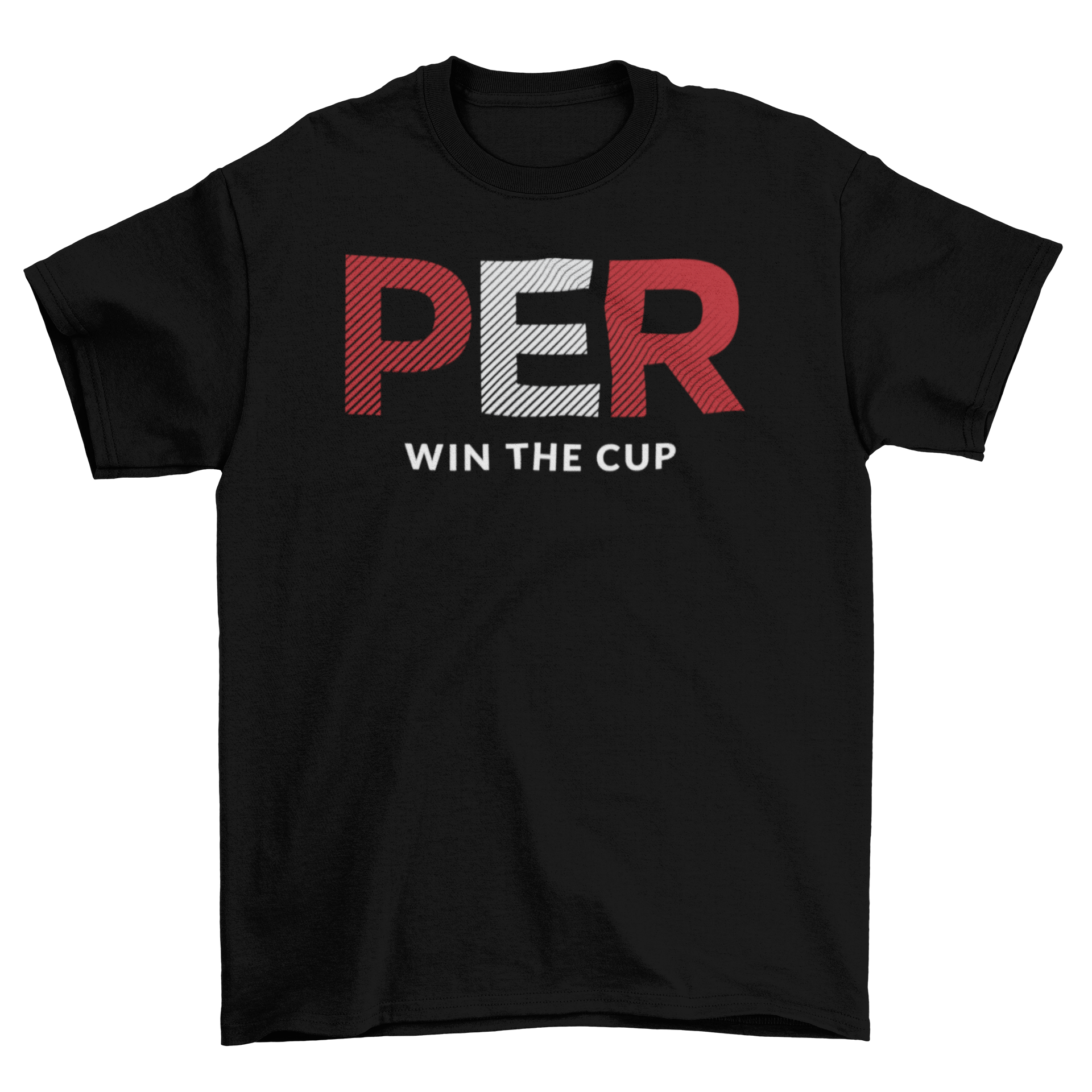 Peru World Cup t-shirt featuring PER letters with the Peru flag and win the cup caption, perfect for football fans.