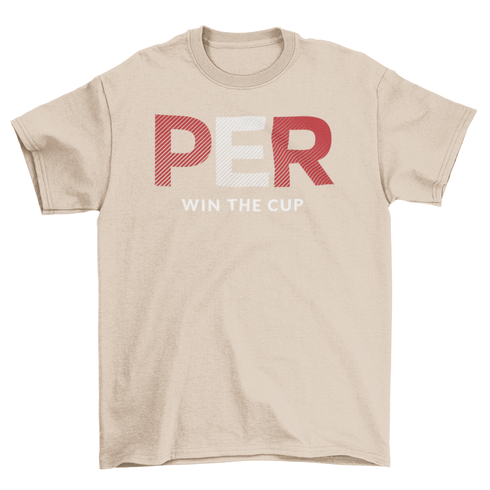 Peru World Cup t-shirt featuring PER letters with the Peru flag and win the cup caption, perfect for football fans.