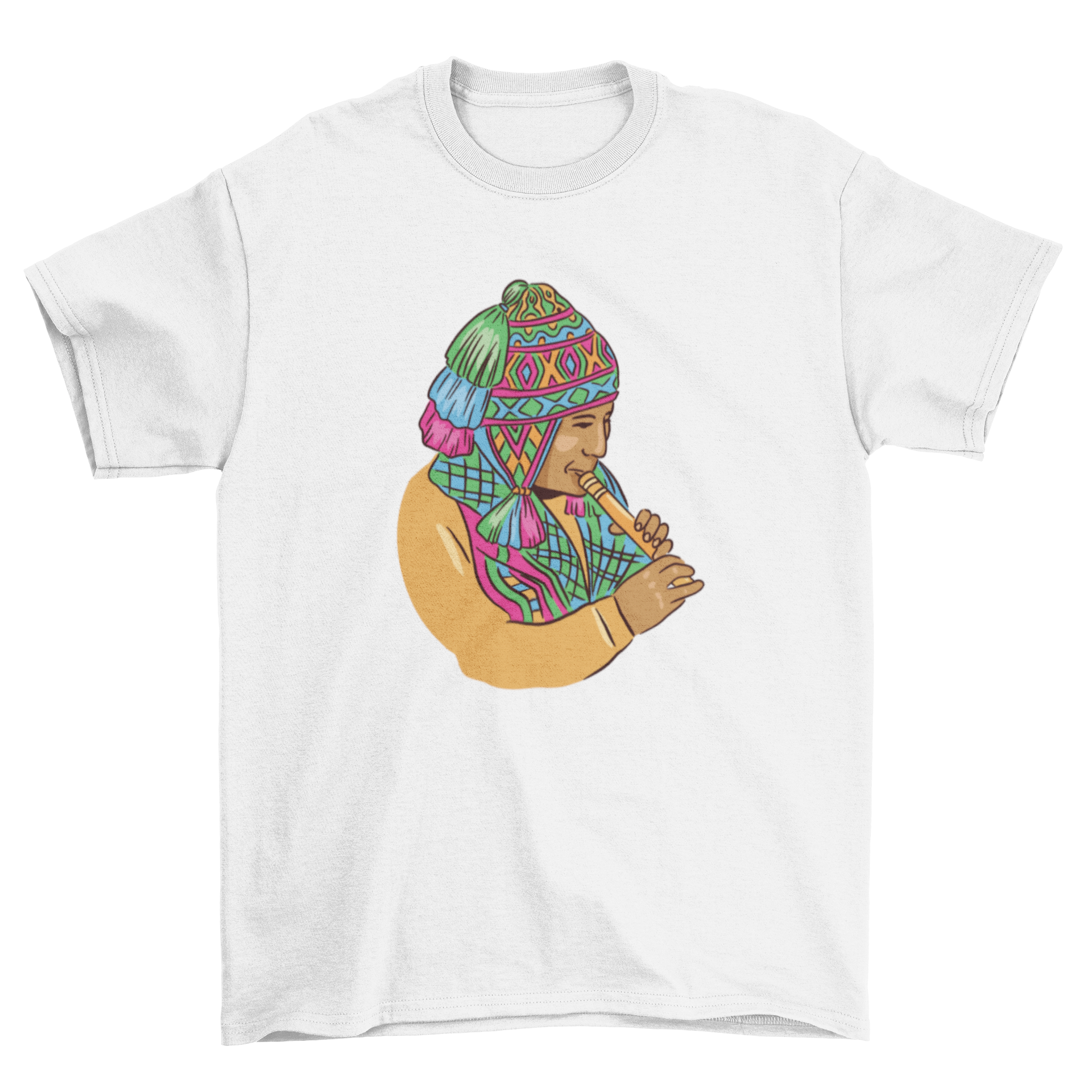 A stylish t-shirt featuring a vibrant illustration of a Peruvian musician, showcasing cultural artistry.