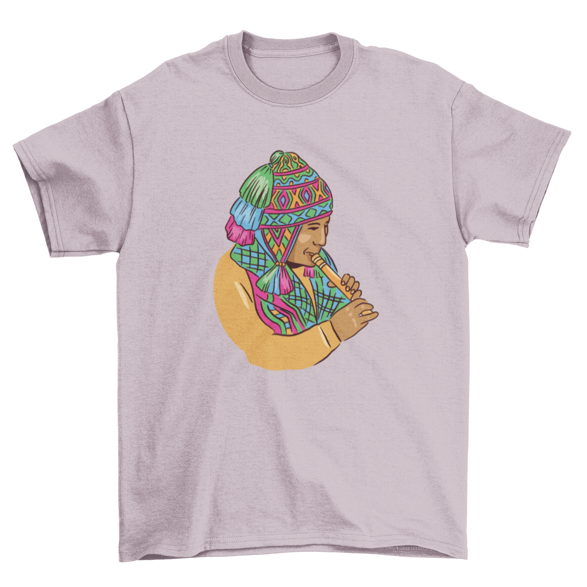 A stylish t-shirt featuring a vibrant illustration of a Peruvian musician, showcasing cultural artistry.