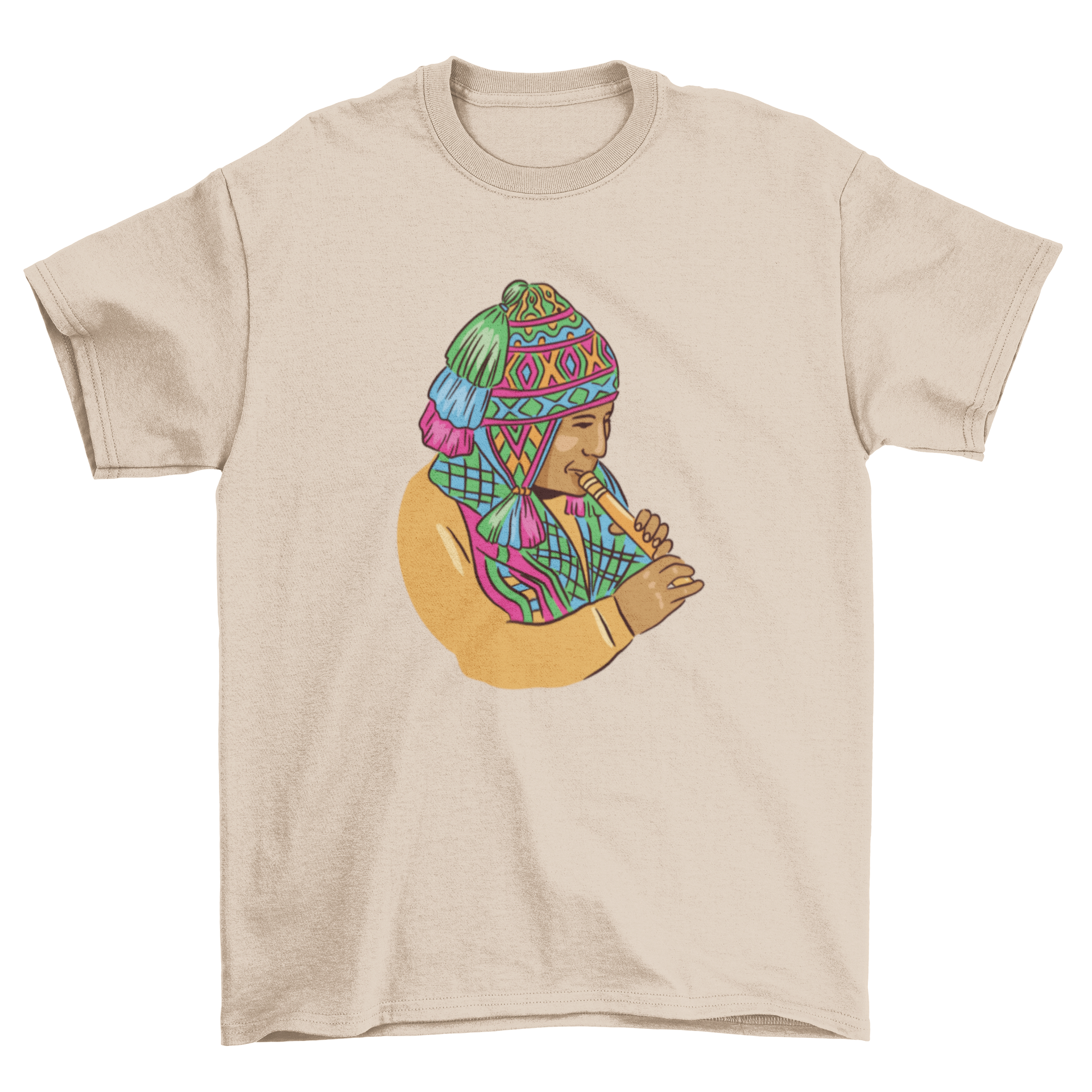 A stylish t-shirt featuring a vibrant illustration of a Peruvian musician, showcasing cultural artistry.