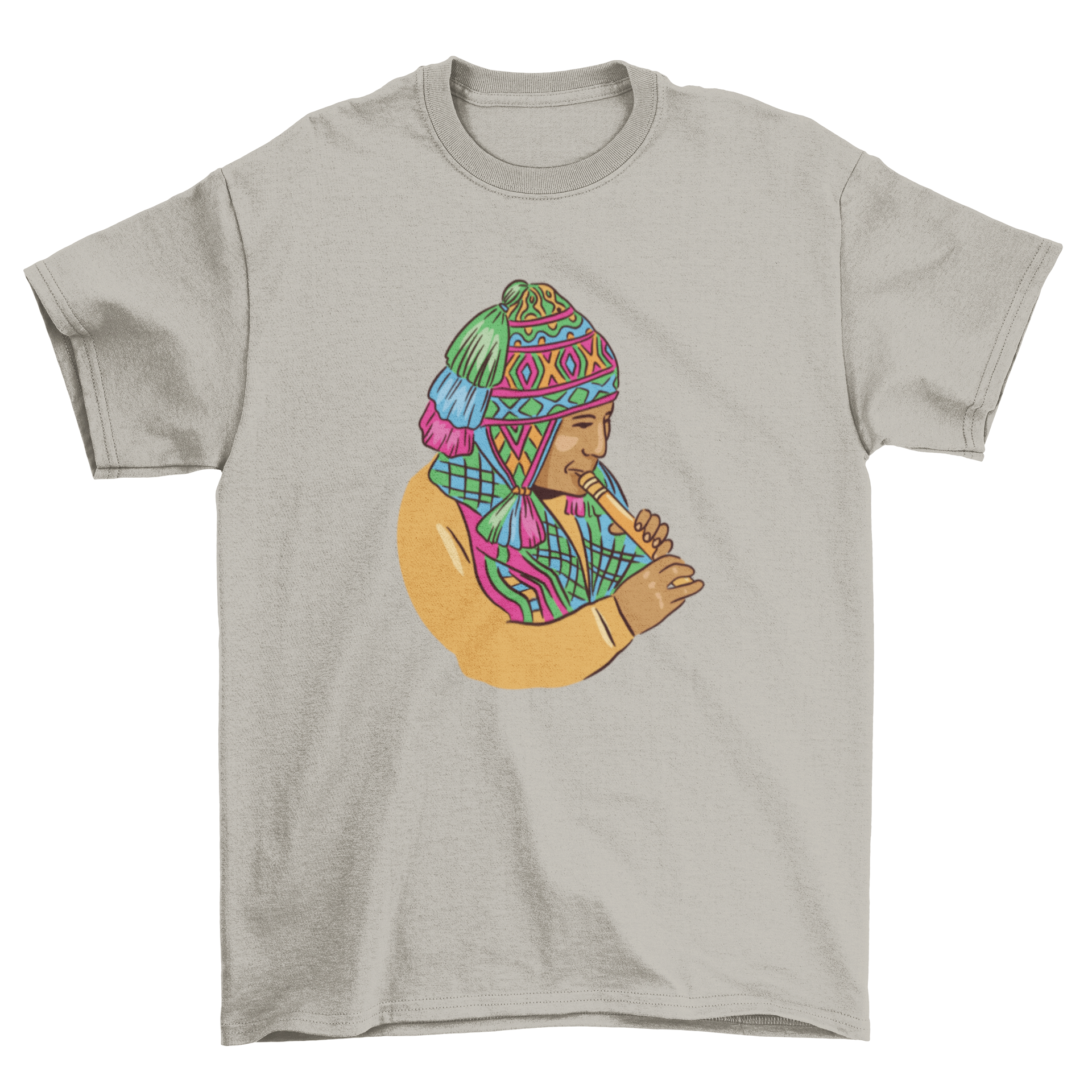 A stylish t-shirt featuring a vibrant illustration of a Peruvian musician, showcasing cultural artistry.