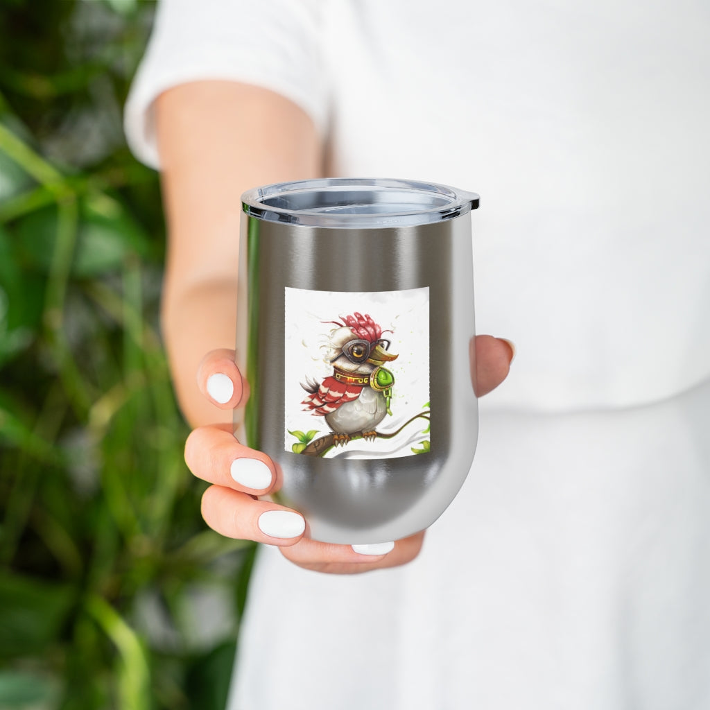 Pete the Sweet Little Bird 12oz Insulated Wine Tumbler with a clear lid, showcasing its colorful design and stainless steel finish.