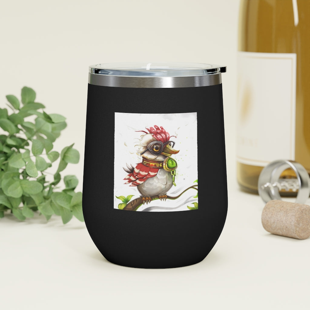 Pete the Sweet Little Bird 12oz Insulated Wine Tumbler with a clear lid, showcasing its colorful design and stainless steel finish.