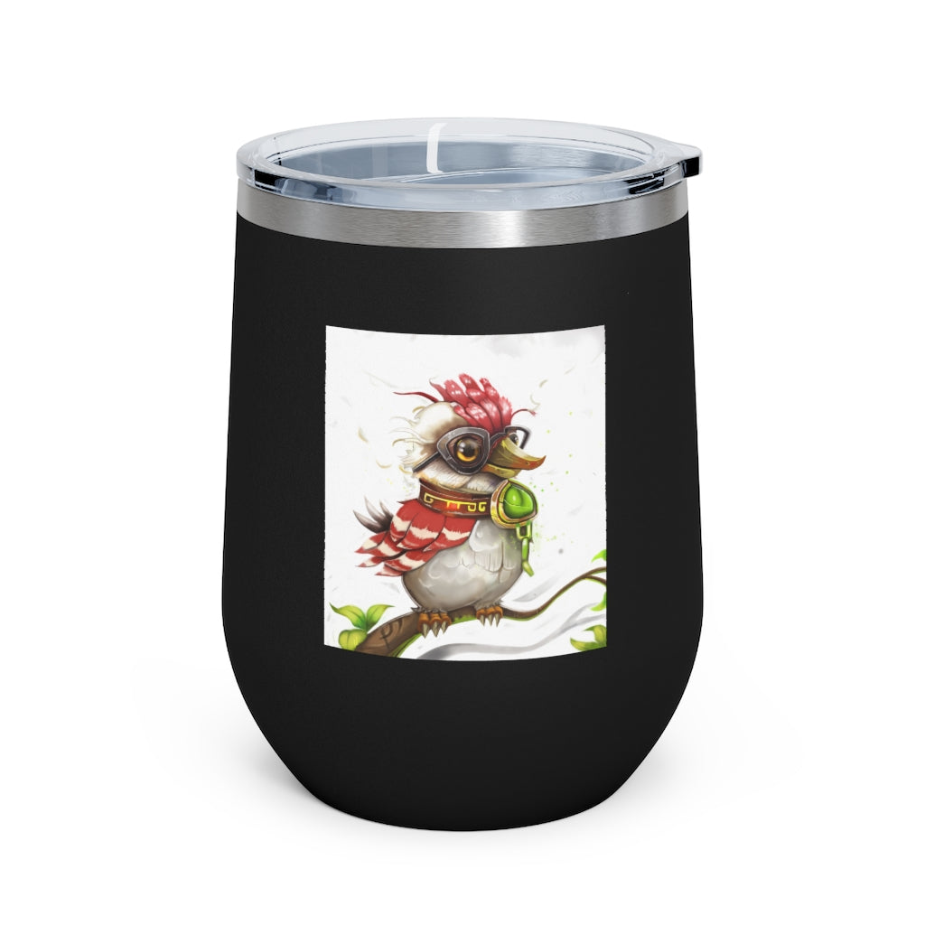 Pete the Sweet Little Bird 12oz Insulated Wine Tumbler with a clear lid, showcasing its colorful design and stainless steel finish.