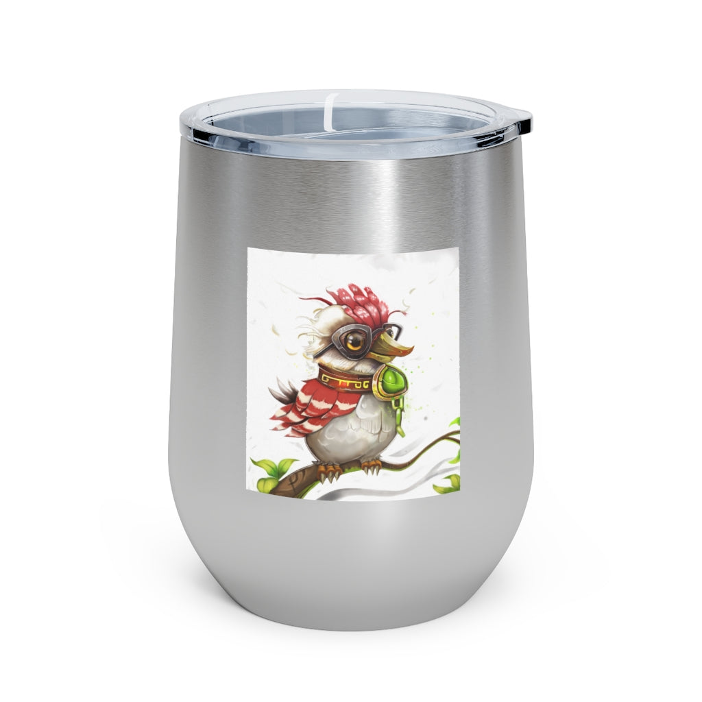 Pete the Sweet Little Bird 12oz Insulated Wine Tumbler with a clear lid, showcasing its colorful design and stainless steel finish.