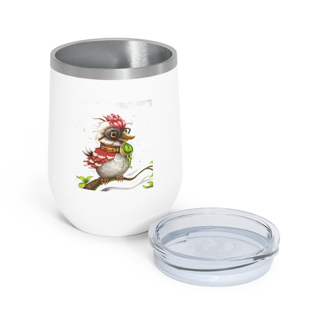 Pete the Sweet Little Bird 12oz Insulated Wine Tumbler with a clear lid, showcasing its colorful design and stainless steel finish.