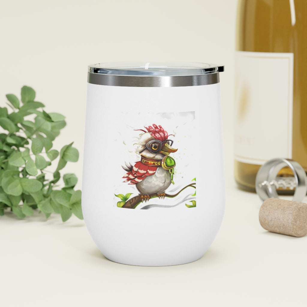 Pete the Sweet Little Bird 12oz Insulated Wine Tumbler with a clear lid, showcasing its colorful design and stainless steel finish.