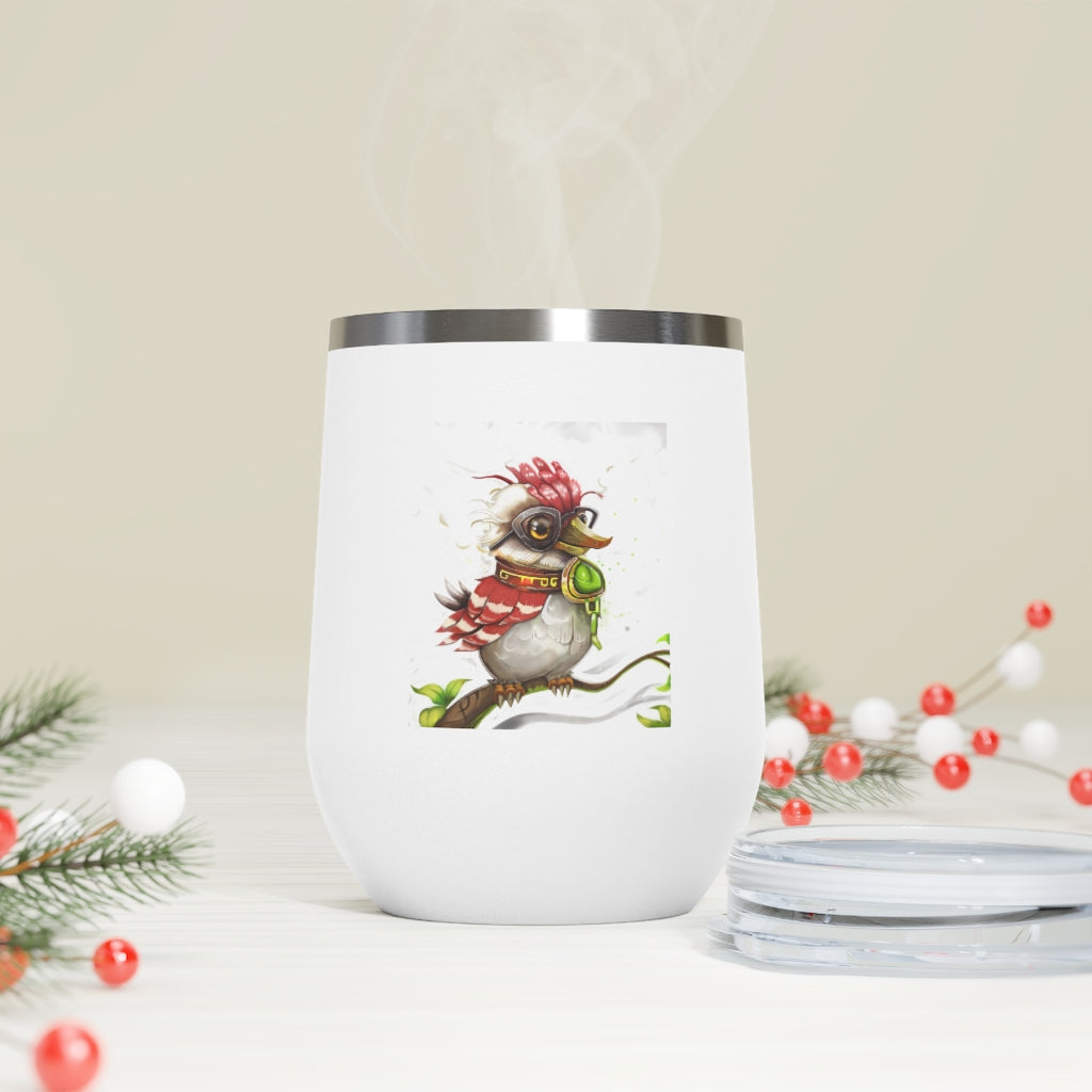 Pete the Sweet Little Bird 12oz Insulated Wine Tumbler with a clear lid, showcasing its colorful design and stainless steel finish.