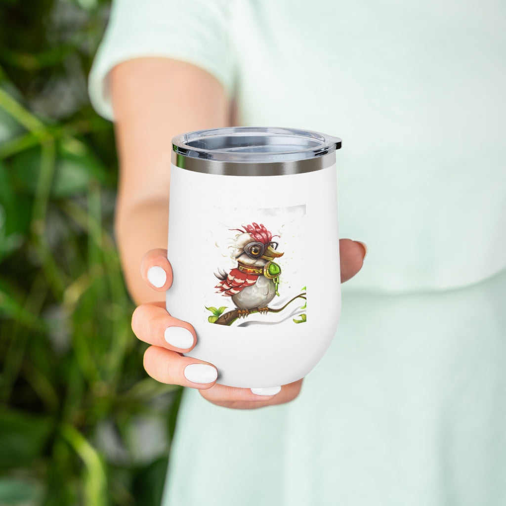 Pete the Sweet Little Bird 12oz Insulated Wine Tumbler with a clear lid, showcasing its colorful design and stainless steel finish.