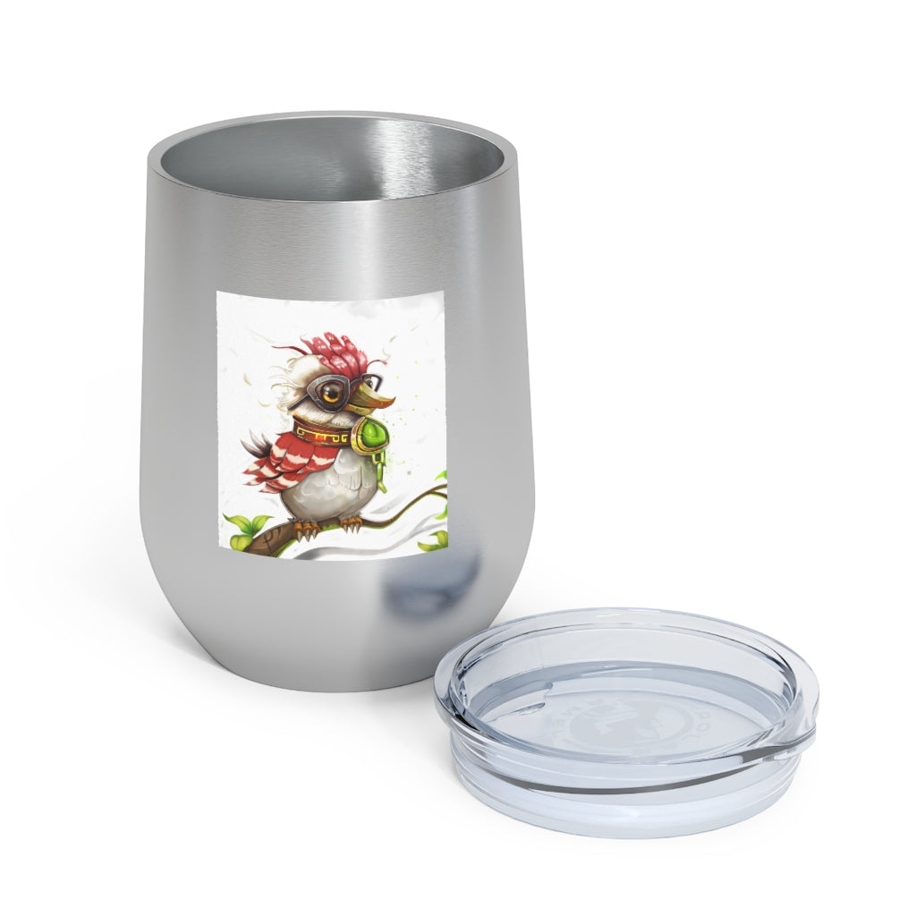 Pete the Sweet Little Bird 12oz Insulated Wine Tumbler with a clear lid, showcasing its colorful design and stainless steel finish.