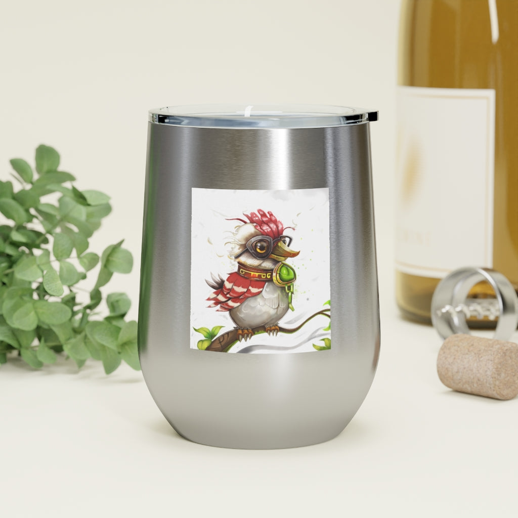 Pete the Sweet Little Bird 12oz Insulated Wine Tumbler with a clear lid, showcasing its colorful design and stainless steel finish.