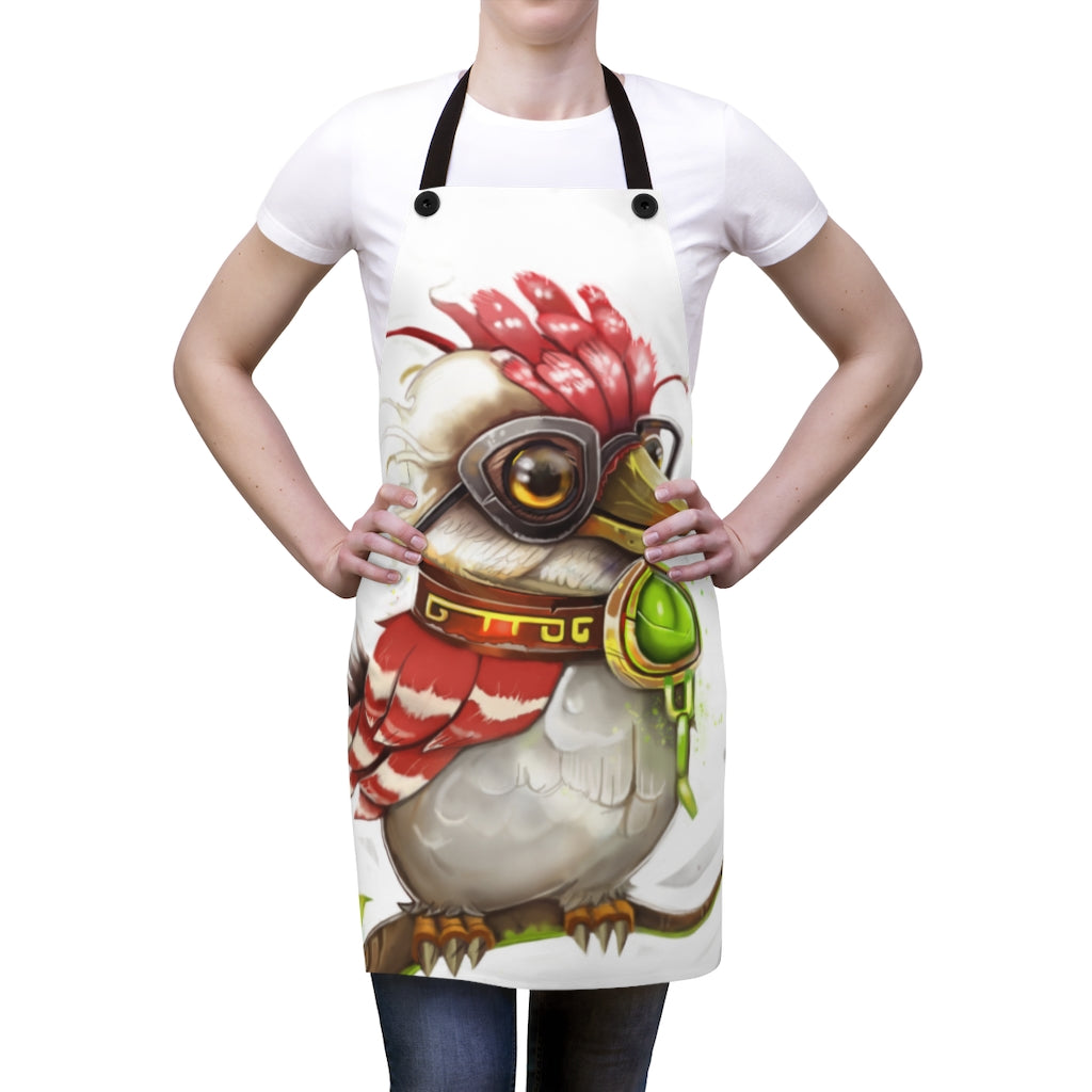 A stylish apron featuring Pete the Sweet Little Bird design, made from durable polyester with black detachable twill straps.