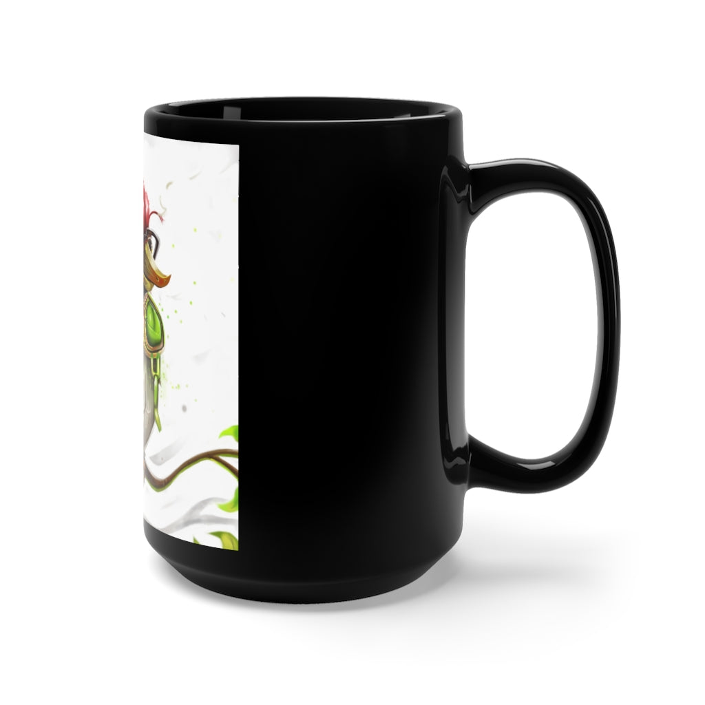 Pete the Sweet Little Bird Black Mug, 15oz ceramic mug with rounded corners and C-handle, featuring high-quality sublimation printing.