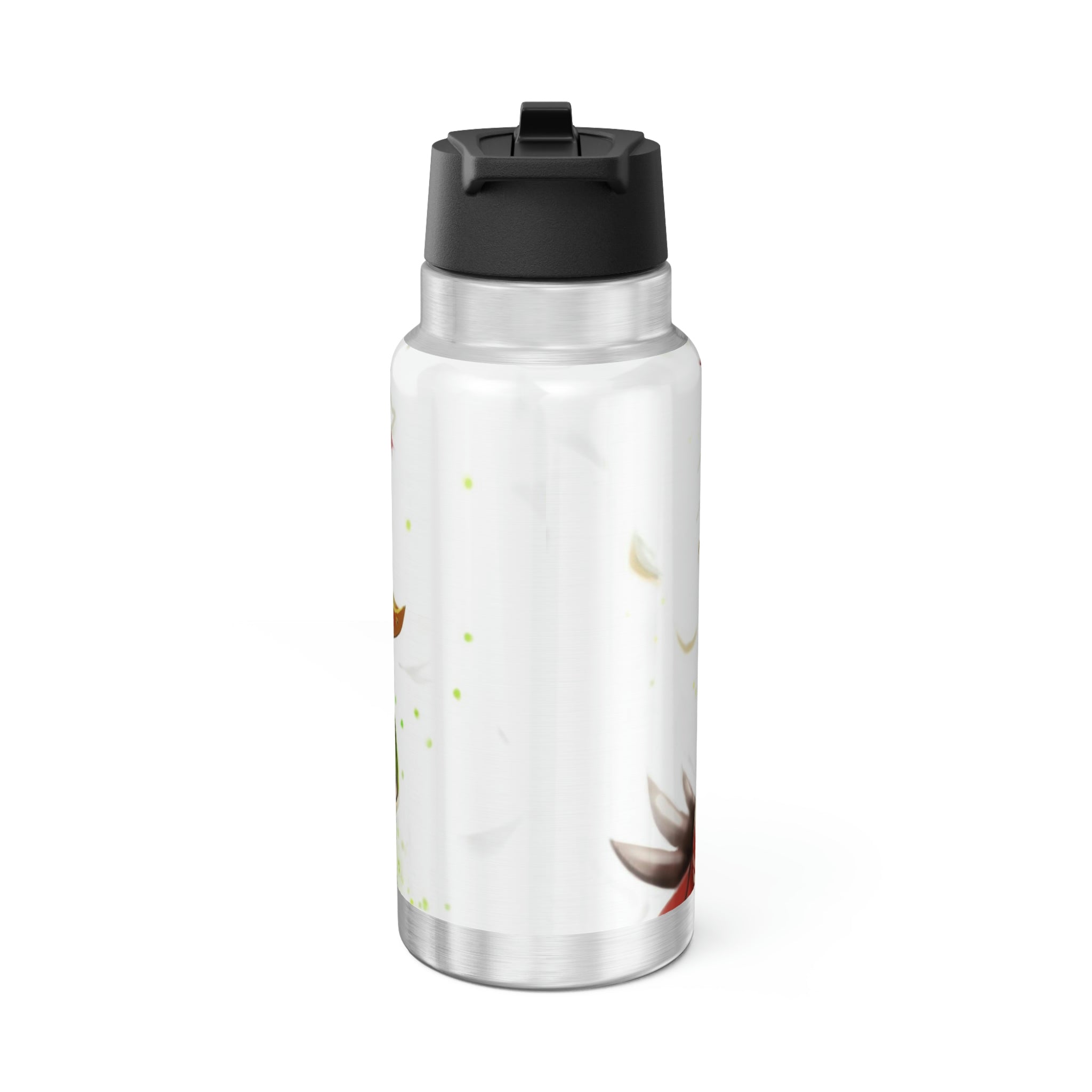 Pete the Sweet Little Bird Gator Tumbler, 32oz stainless steel with a colorful design and a black screw-on cap, includes a plastic straw.