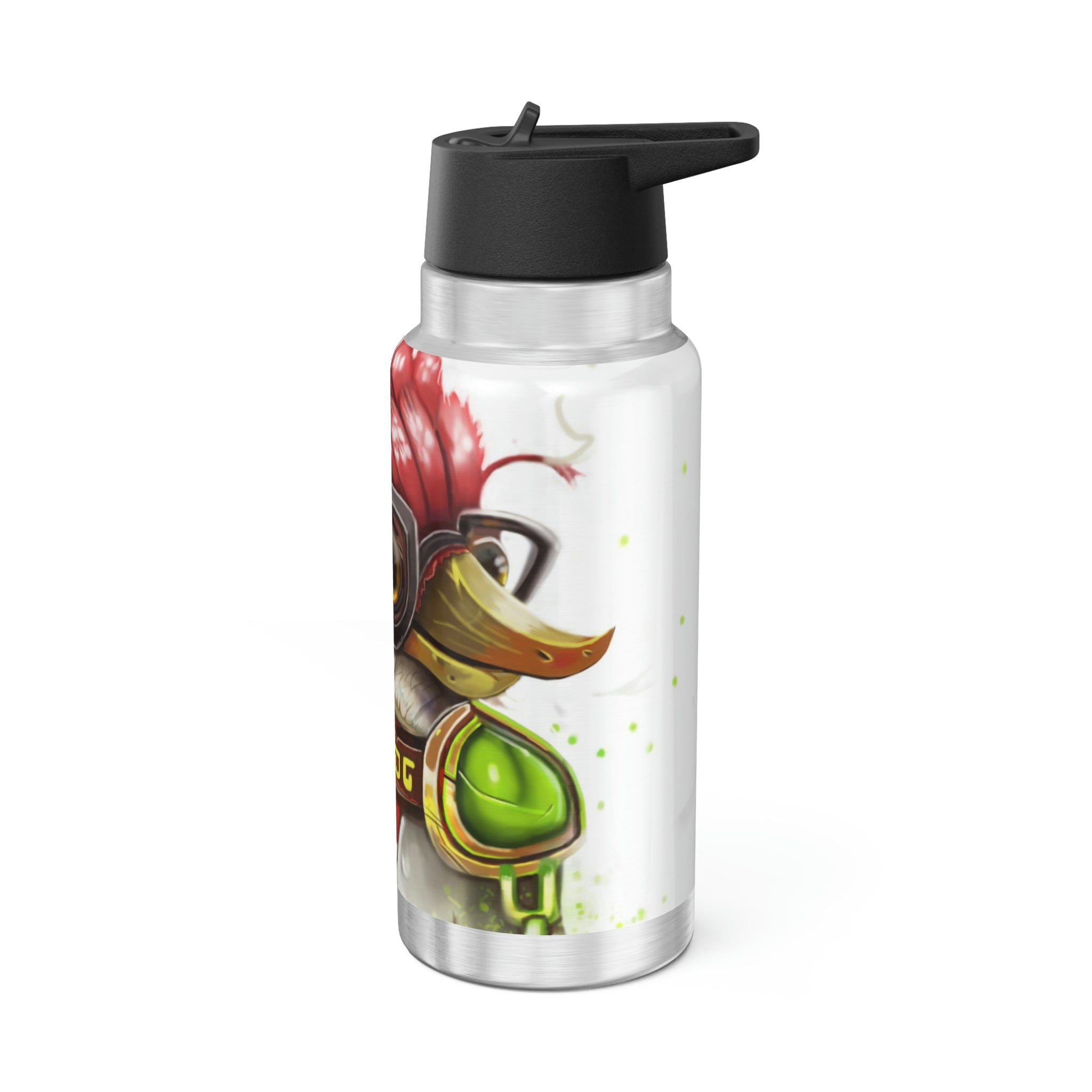 Pete the Sweet Little Bird Gator Tumbler, 32oz stainless steel with a colorful design and a black screw-on cap, includes a plastic straw.