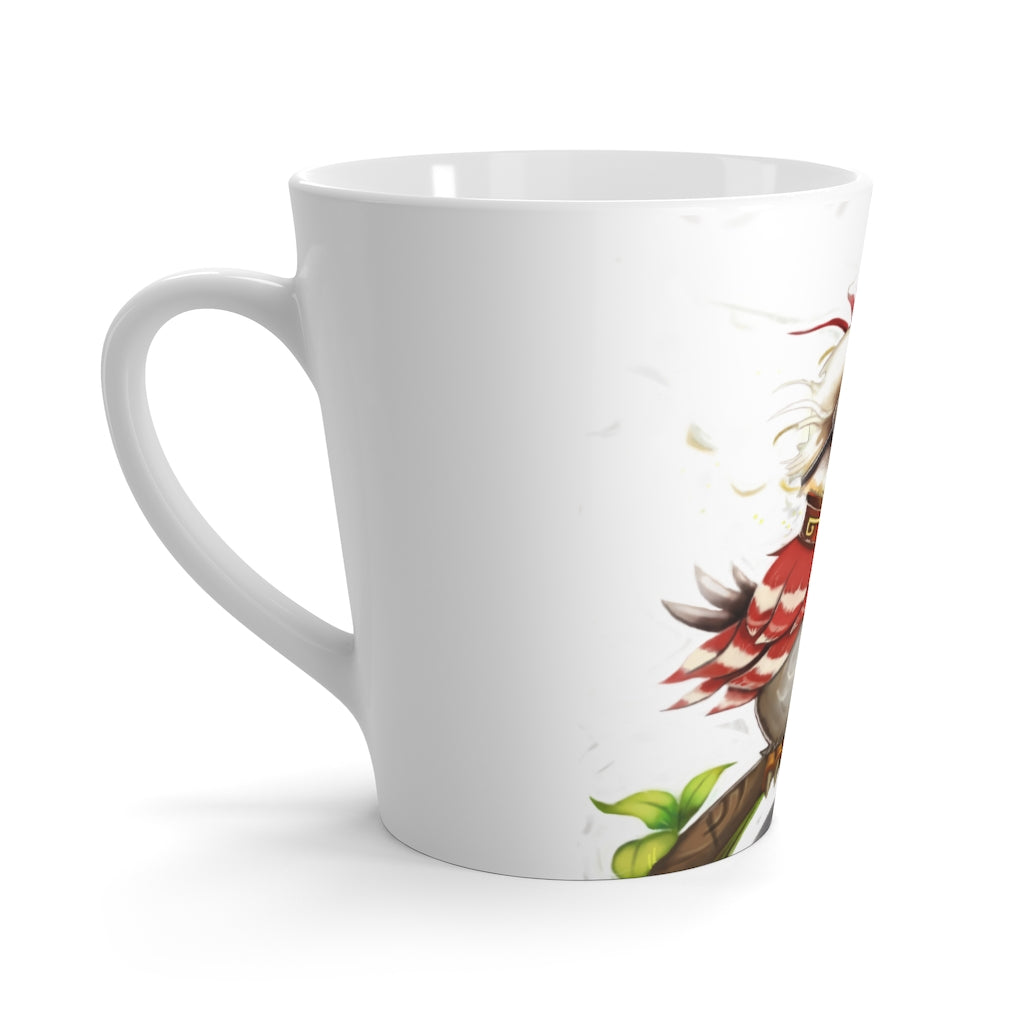 Pete the Sweet Little Bird Latte Mug in white ceramic with colorful design, featuring rounded corners and a comfortable C-handle.