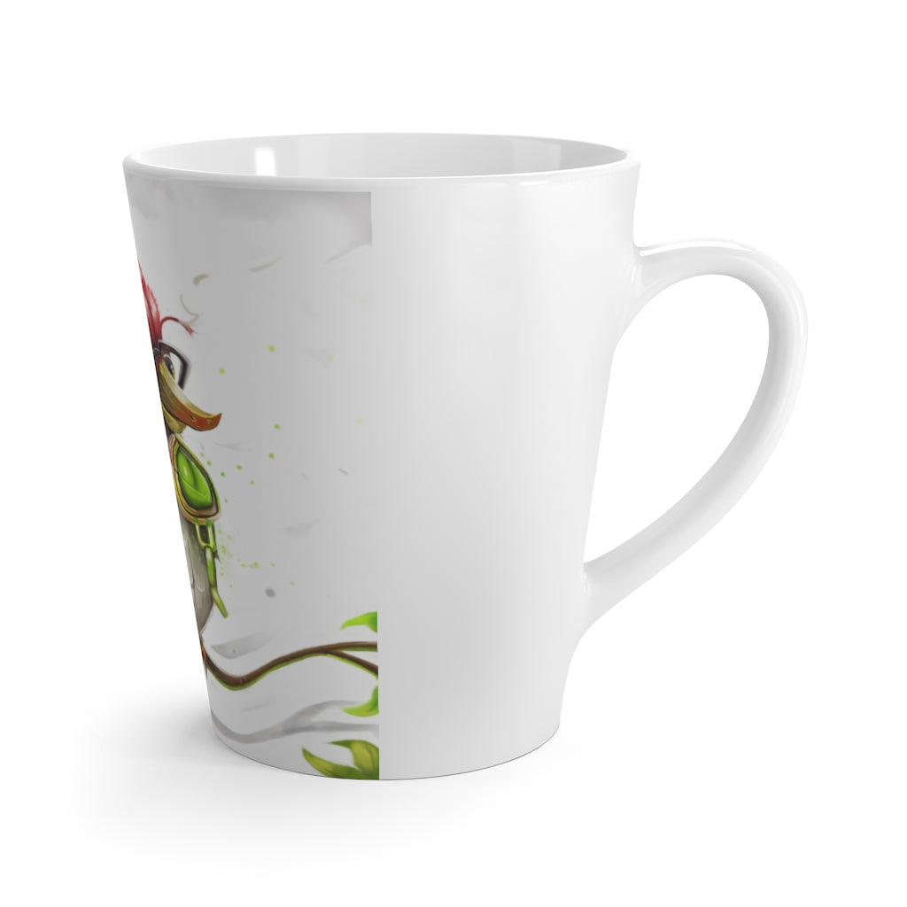 Pete the Sweet Little Bird Latte Mug in white ceramic with colorful design, featuring rounded corners and a comfortable C-handle.