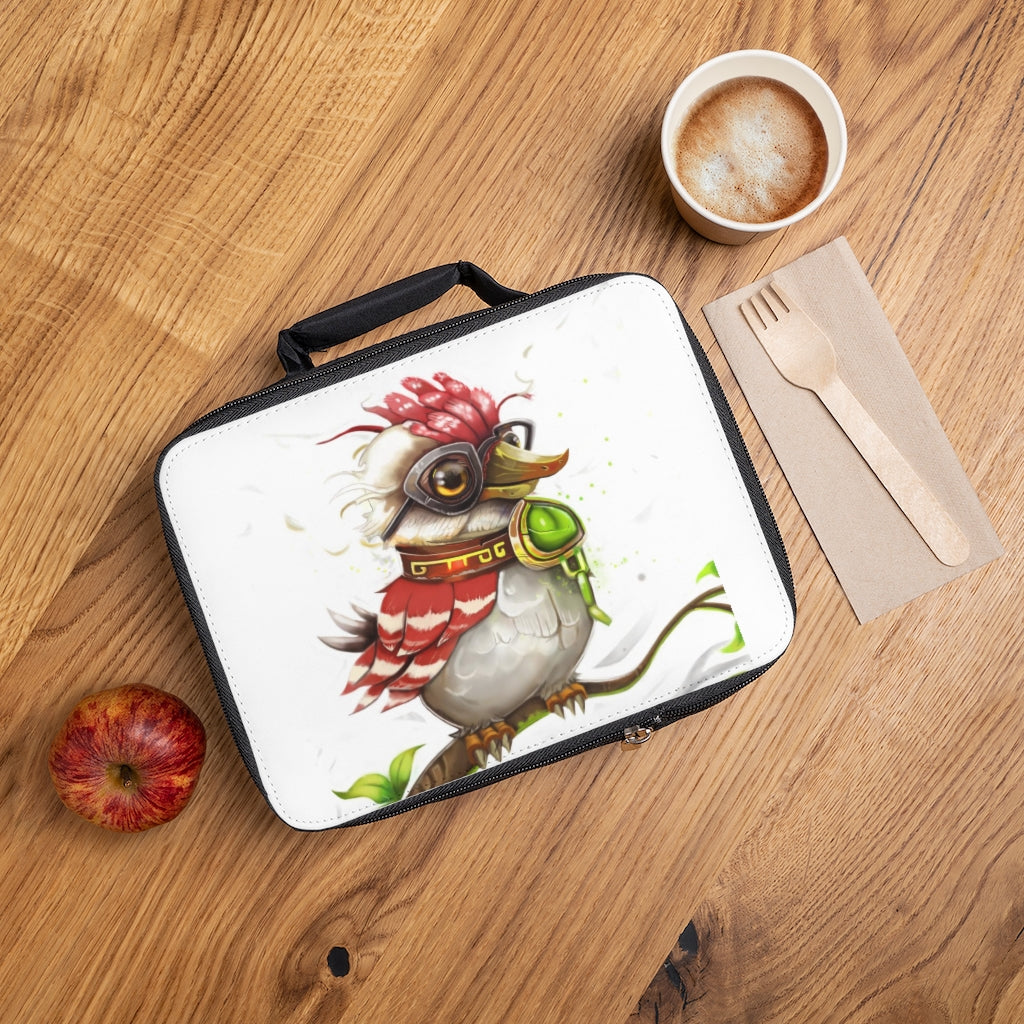 Pete the Sweet Little Bird Lunch Bag featuring a black base and customizable white area, perfect for adults and kids.