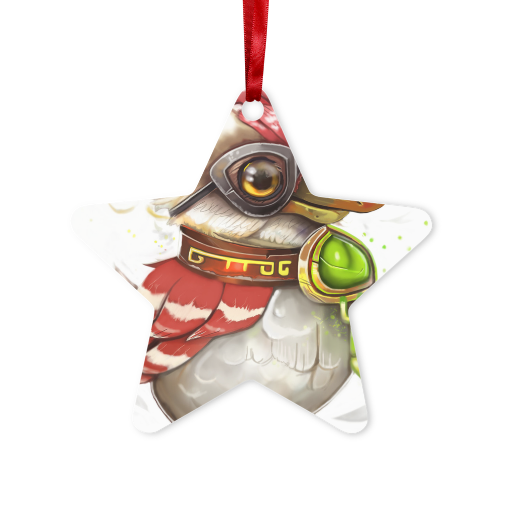 Pete the Sweet Little Bird Metal Hanging Ornament in hexagon and star shapes, featuring a glossy white finish and red ribbon for hanging.