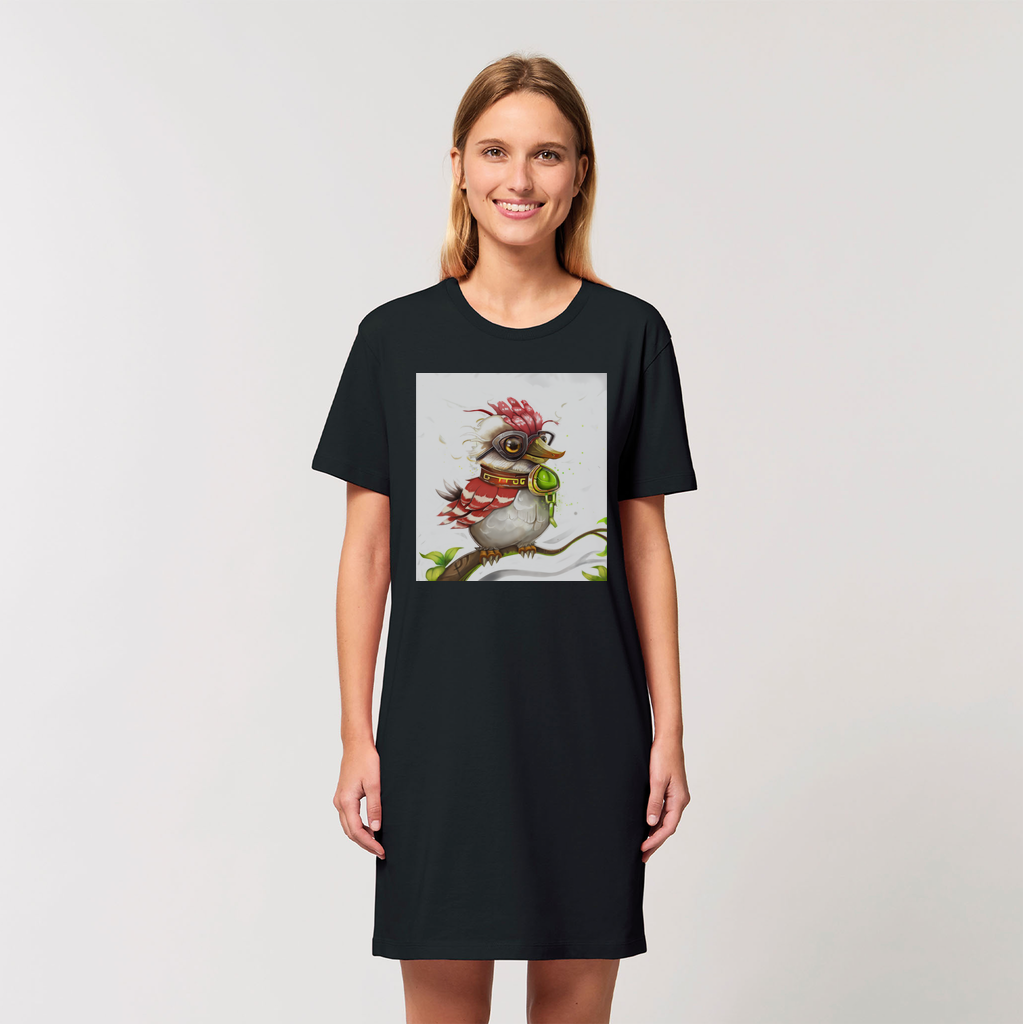 A stylish women's t-shirt dress made from 100% organic cotton, featuring a vibrant print of Pete the Sweet Little Bird, perfect for casual wear.