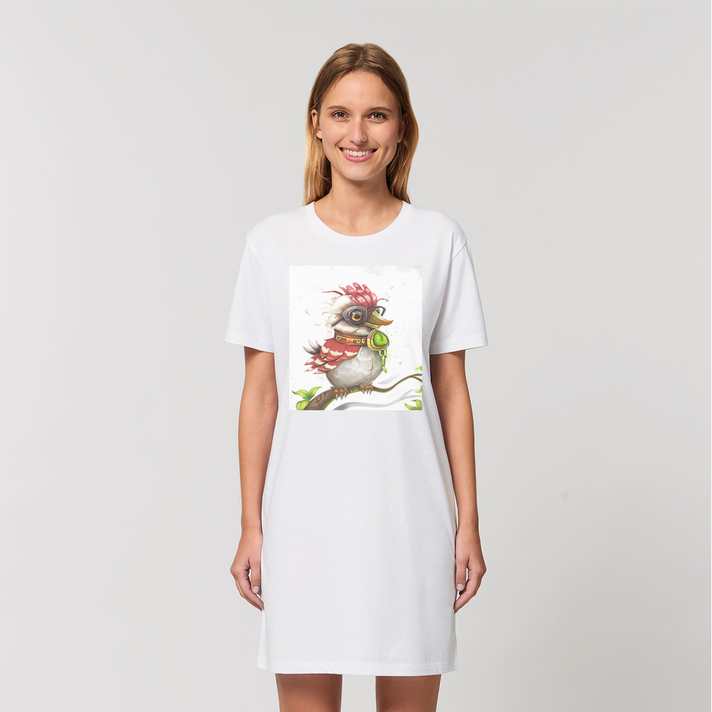 A stylish women's t-shirt dress made from 100% organic cotton, featuring a vibrant print of Pete the Sweet Little Bird, perfect for casual wear.