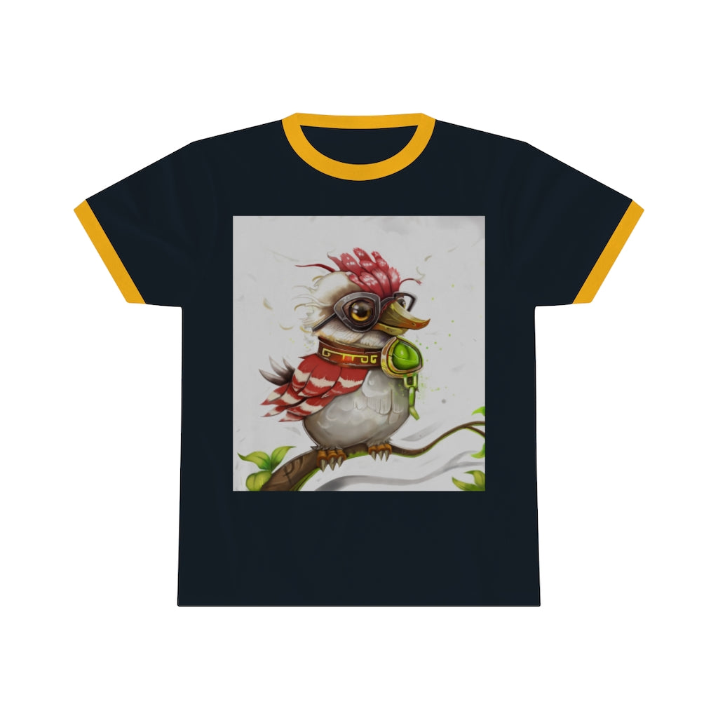 A stylish unisex ringer tee featuring Pete the Sweet Little Bird design, available in various colors, perfect for summer wear.