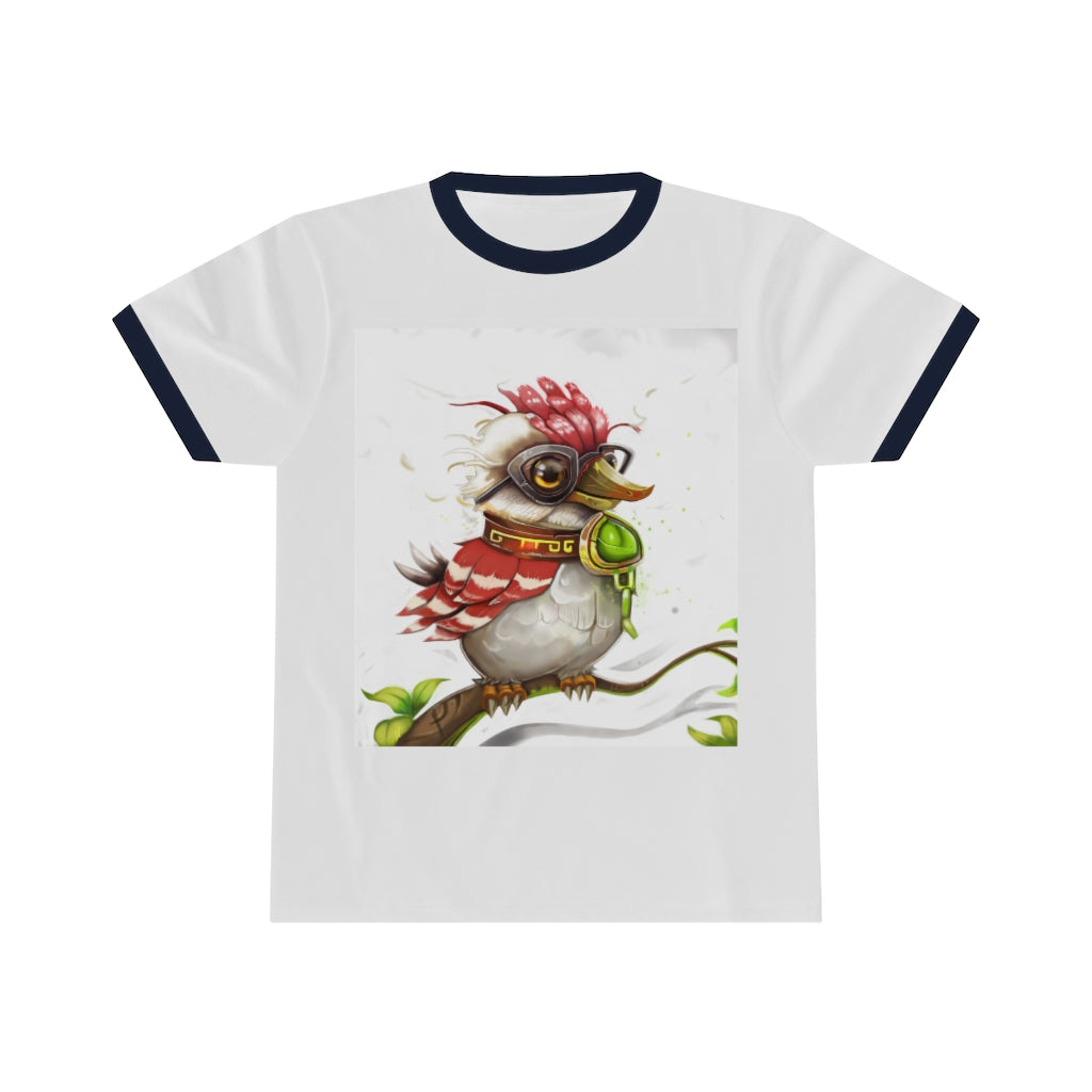 A stylish unisex ringer tee featuring Pete the Sweet Little Bird design, available in various colors, perfect for summer wear.