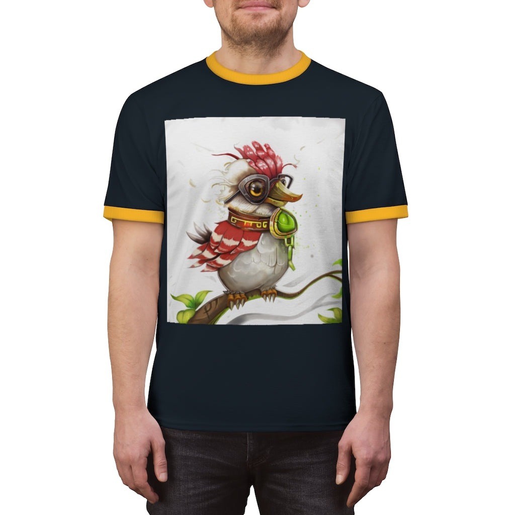 A stylish unisex ringer tee featuring Pete the Sweet Little Bird design, available in various colors, perfect for summer wear.