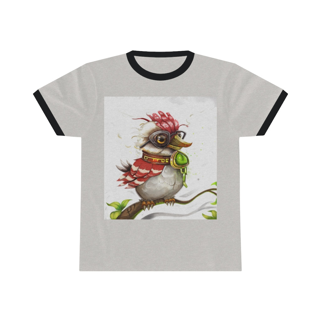 A stylish unisex ringer tee featuring Pete the Sweet Little Bird design, available in various colors, perfect for summer wear.