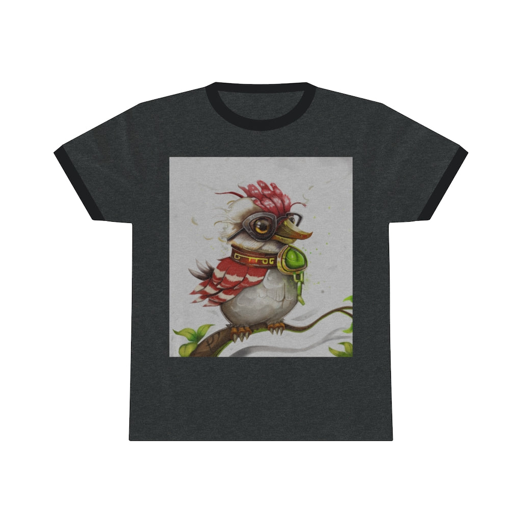 A stylish unisex ringer tee featuring Pete the Sweet Little Bird design, available in various colors, perfect for summer wear.