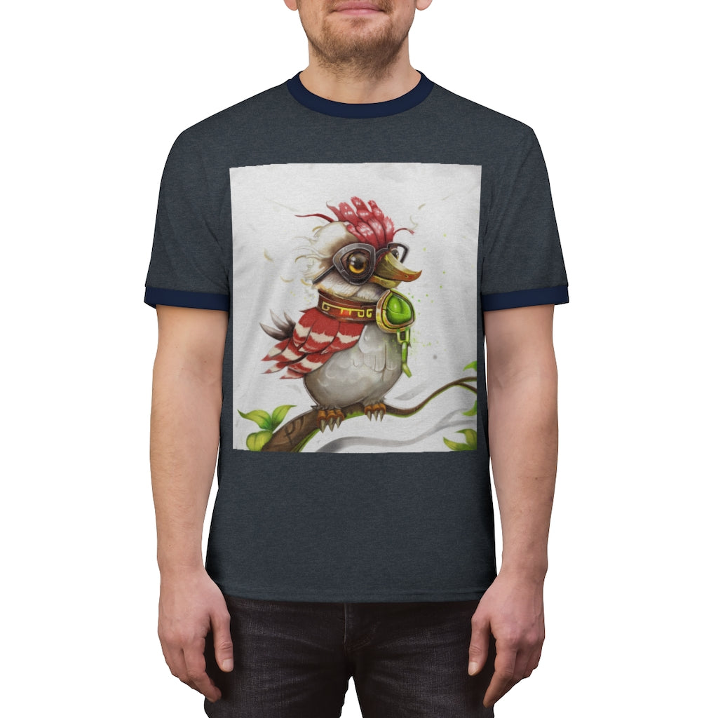 A stylish unisex ringer tee featuring Pete the Sweet Little Bird design, available in various colors, perfect for summer wear.