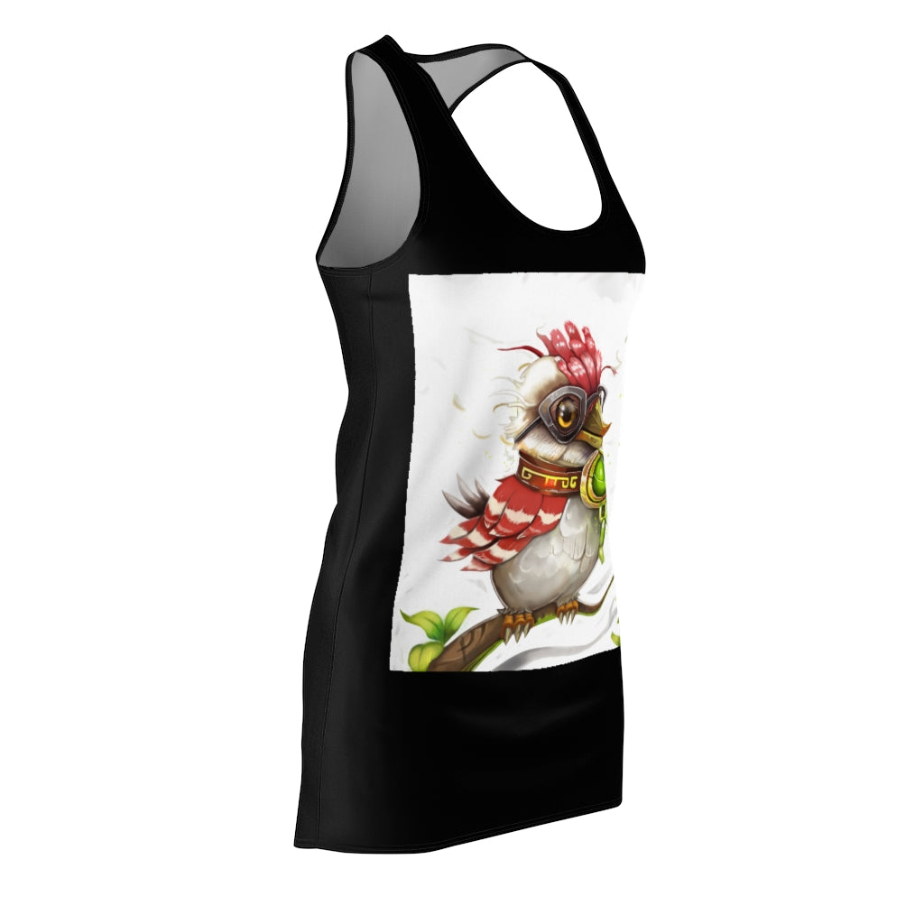 A stylish women's racerback dress featuring a colorful bird design, perfect for casual outings and summer events.