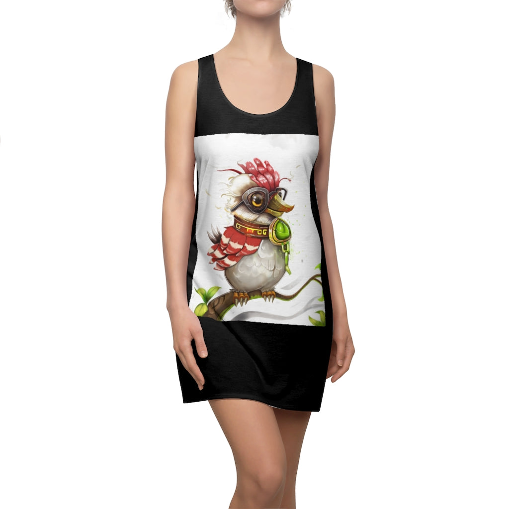 A stylish women's racerback dress featuring a colorful bird design, perfect for casual outings and summer events.