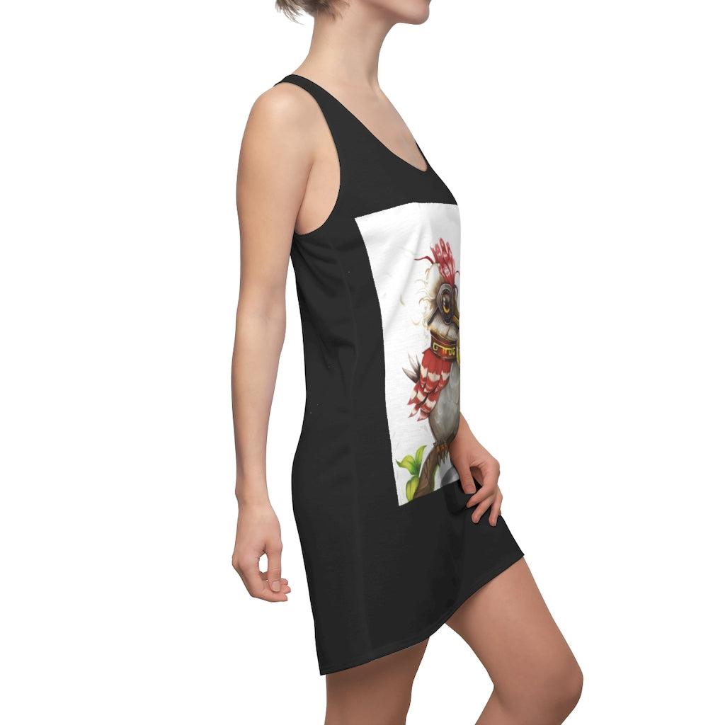 A stylish women's racerback dress featuring a colorful bird design, perfect for casual outings and summer events.