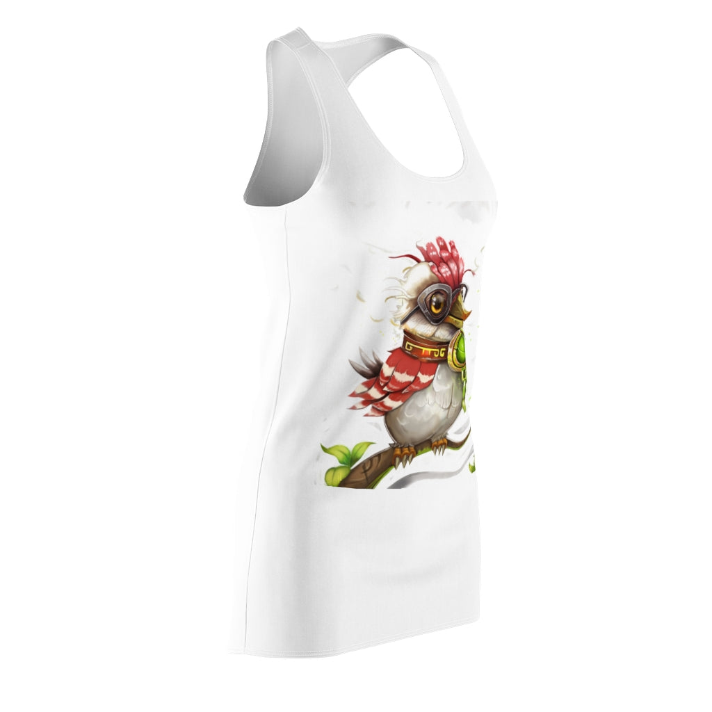 A stylish women's racerback dress featuring a colorful bird design, perfect for casual and semi-formal occasions.