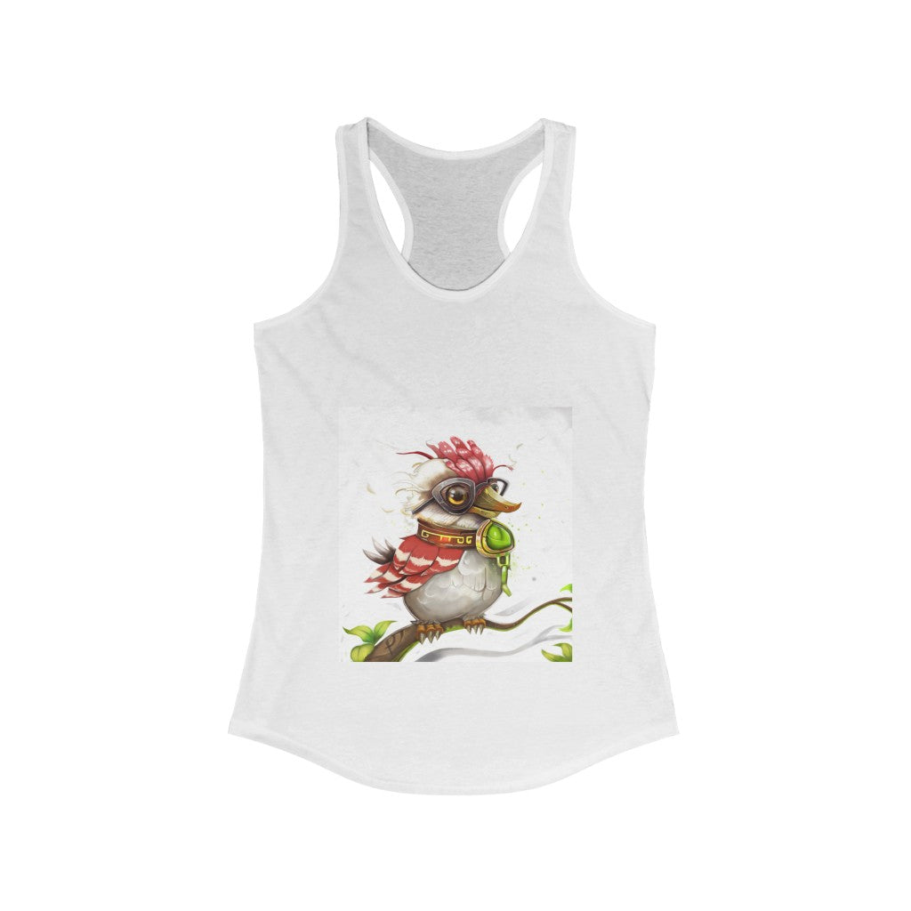 A stylish women's racerback tank top featuring a unique bird print, designed for comfort and a flattering fit.