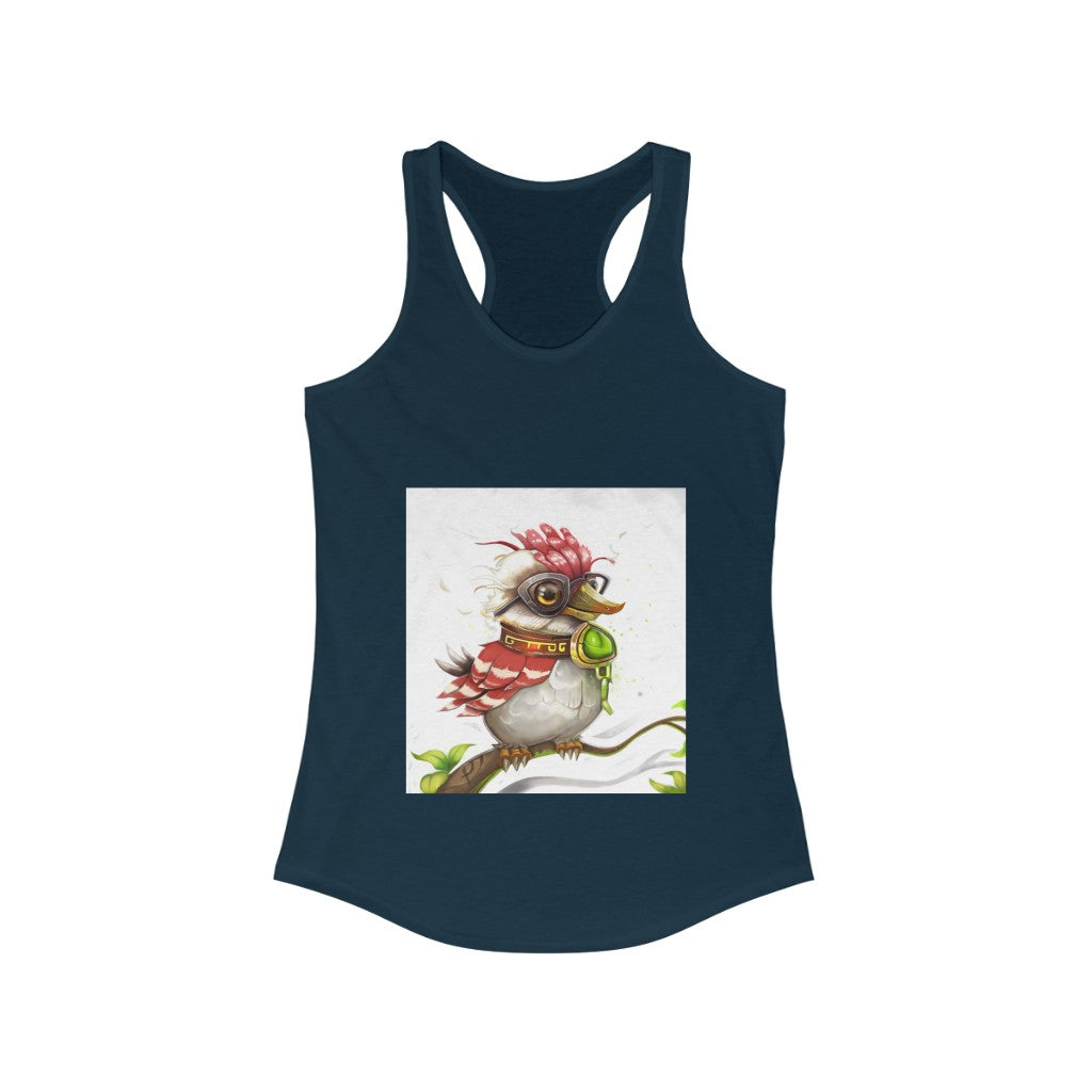 A stylish women's racerback tank top featuring a unique bird print, designed for comfort and a flattering fit.